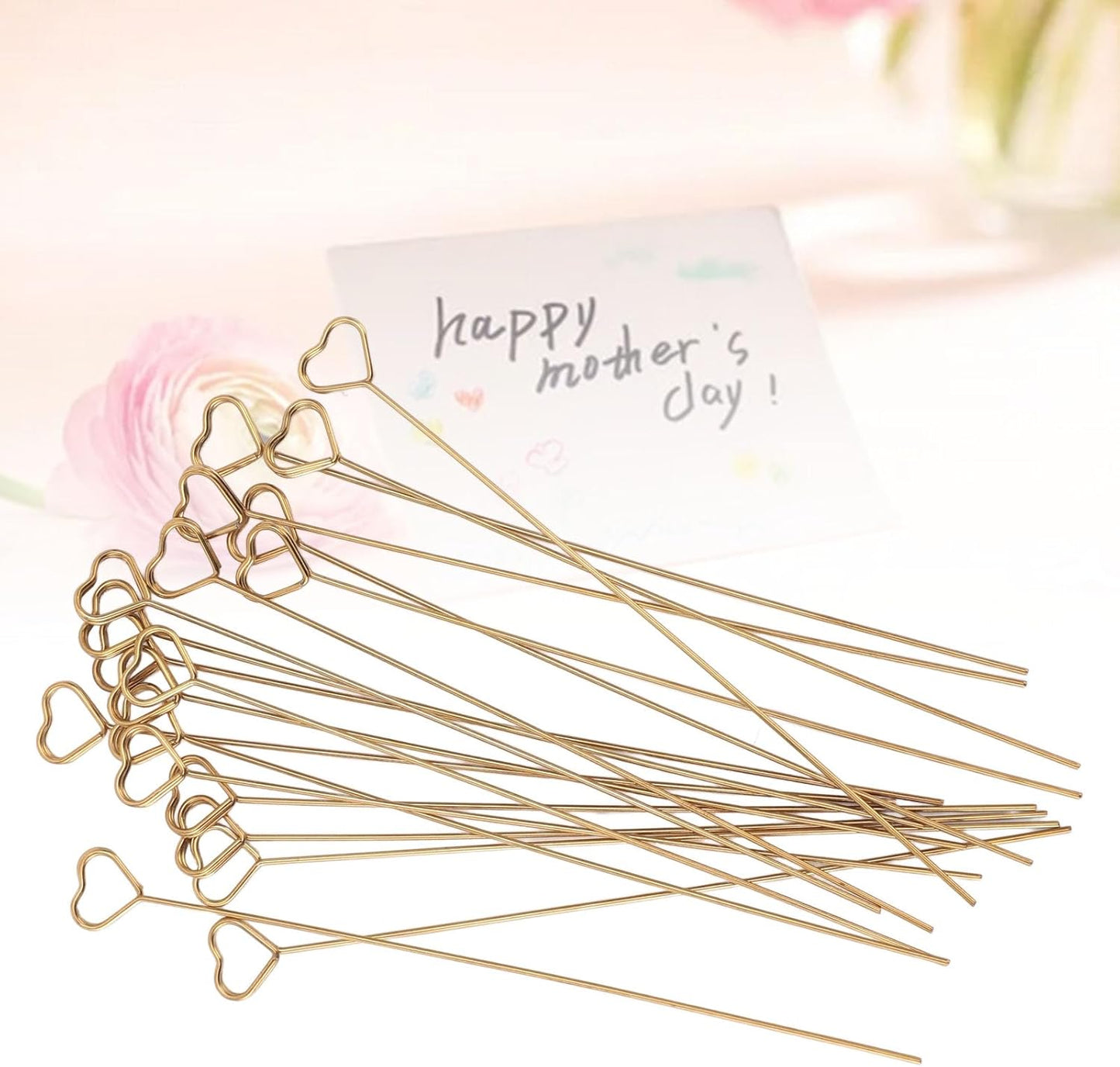50Pcs Gold Metal Wire Card Holder, 6in Photo Memo Clips, Reusable Floral Picks Clips for Wedding Party Birthday Cake, Place Card Holder for Flower Arrangement (Heart Shaped)