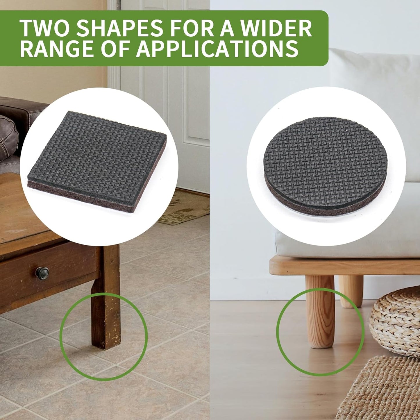 Non Slip Furniture Pads 16 PCS - 8 pcs 2” Round + 8 pcs 2" Square - Anti Slip Furniture Pads - Self Adhesive Rubber Feet Furniture Feet - Chair Leg Floor Protectors