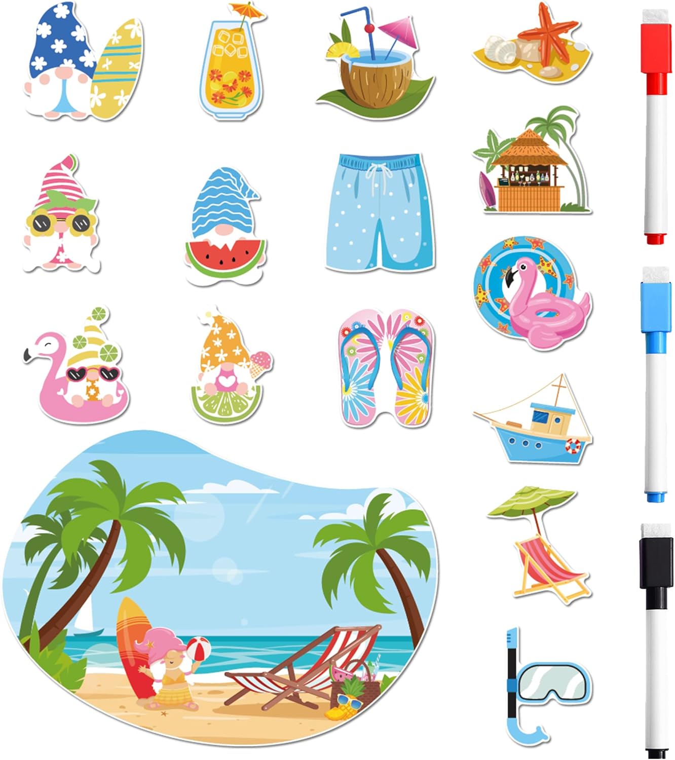 Cruise Door Decorations Magnetic, 16 Pcs Tropical Vacation Hawaii Beach Gnome Funny Cruise Magnets, Customizable Magnetic Ship Cabin Door Signs Fridge Decor, with 3 Pcs Pens