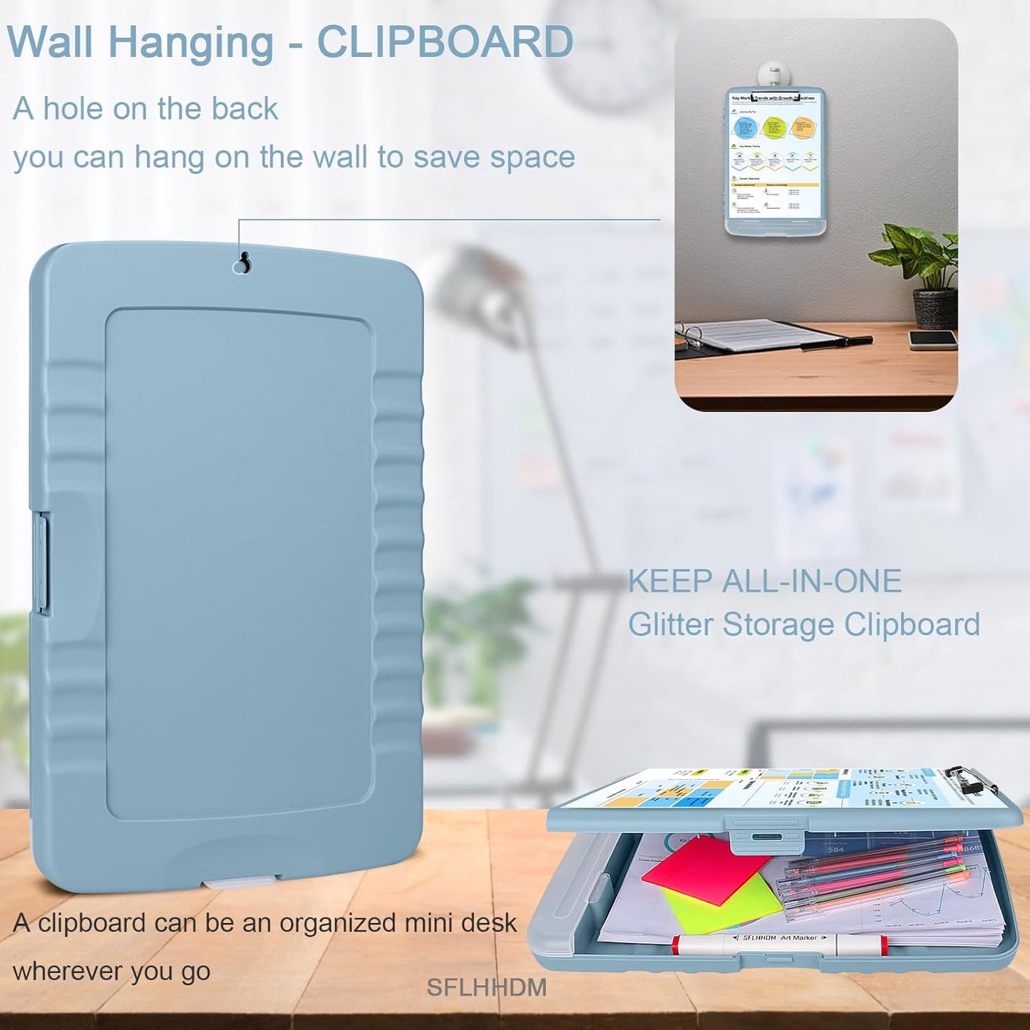Clipboard with Storage,Storage Clipboard with Pen Holder, A4 Binder Clip Boards 8.5x11 with Low Profile Clip,Side Opening Nursing Clipboards, Clipboards Folder for Office Supplies-Light Blue