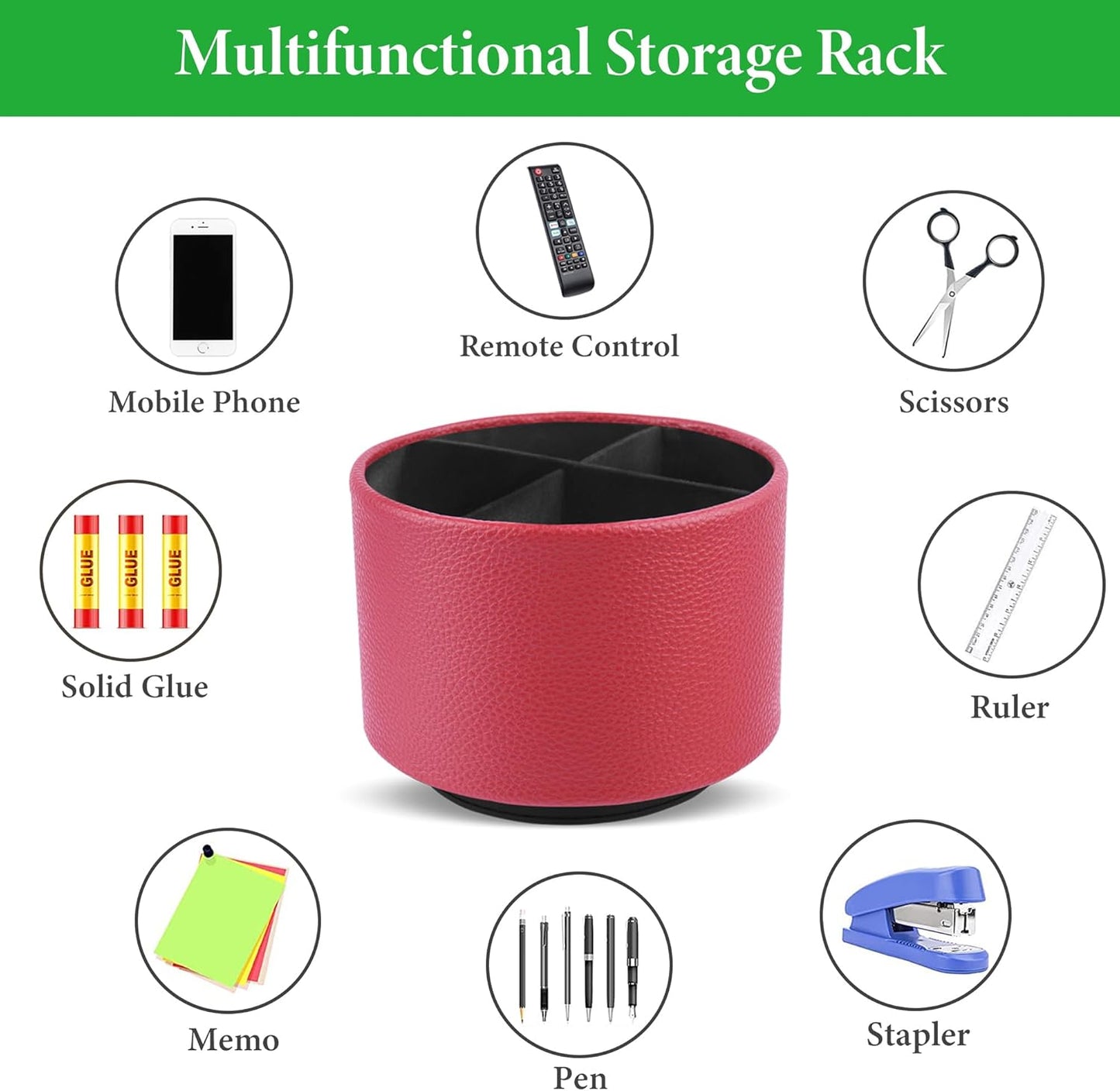 Hennaja Round Leather Art Supply Organizer,Remote Control Holder,360 Degree Spinning,Multi-Functional Pencil Holder,4 Compartments Desktop Stationary Organizer(1-Lichee Red)