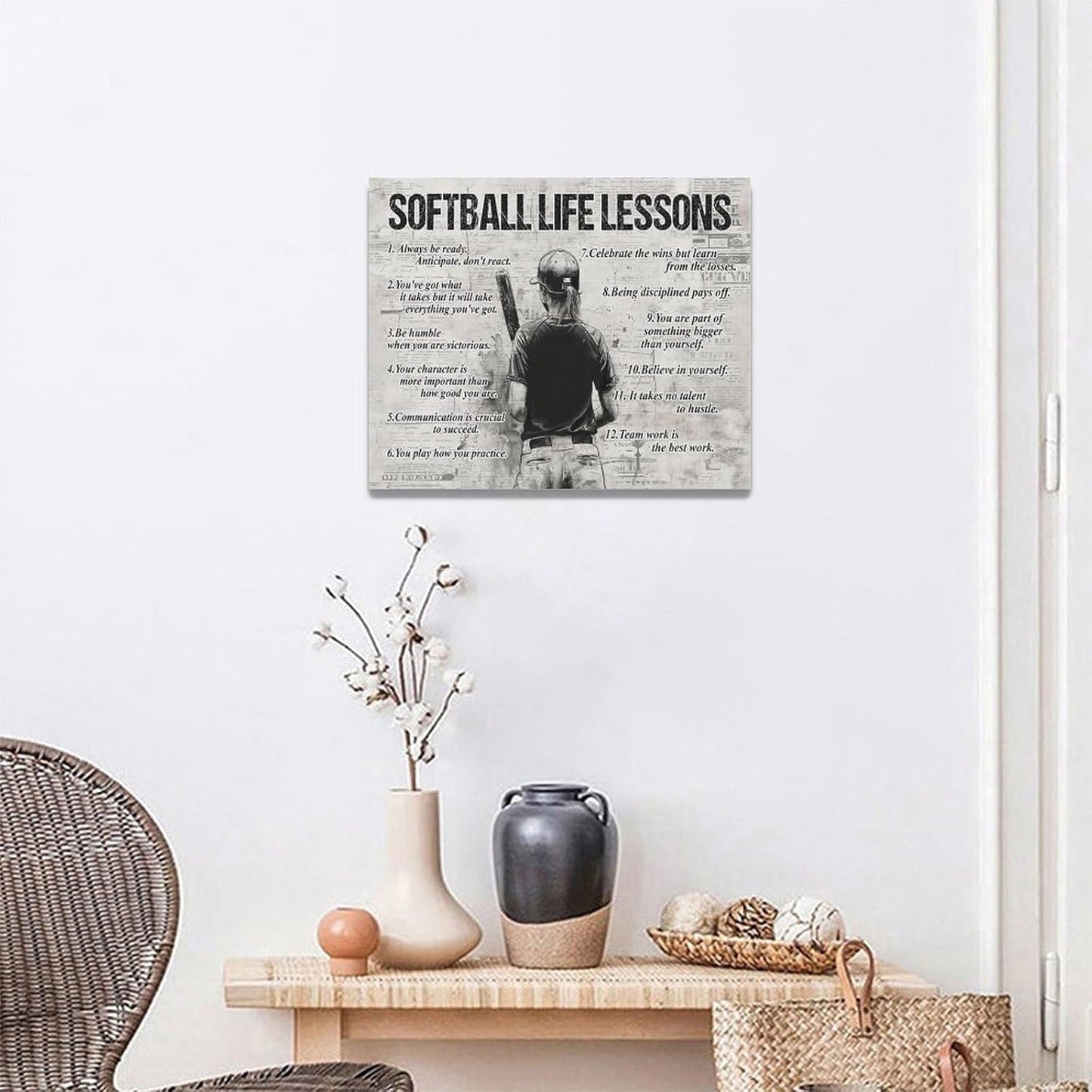 Softball Sports Wall Art Softball Life Lessons Wall Decor Softball Sign Retro Poster Boy Girls Men Room Motivational Decorations Canvas Print Painting Artwork for Bedroom Bathroom Living Room 20"x16"