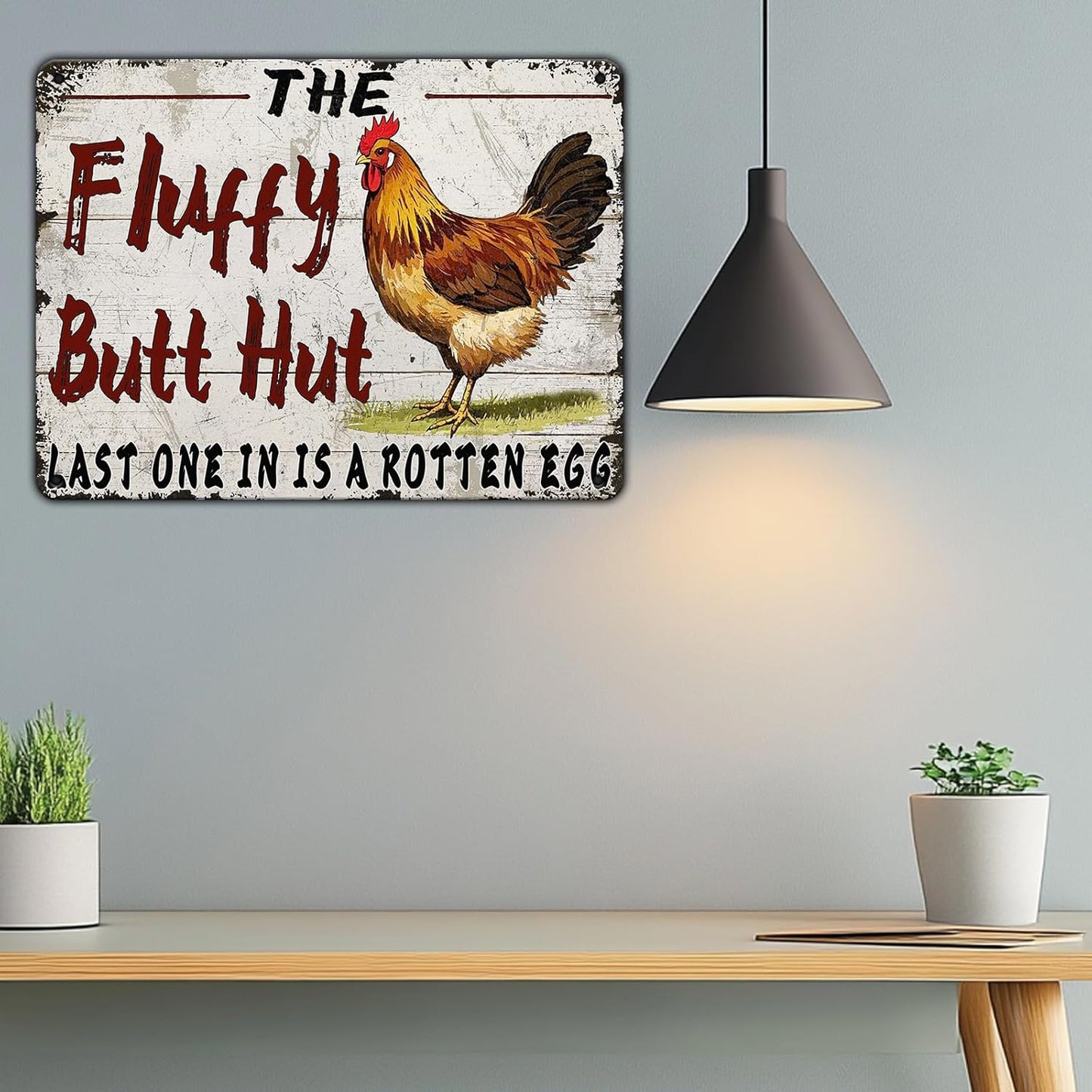 Funny Chicken Coop Metal Tin Sign 12x8 Inch Fluffy Butt Hut Last One In Is A Rotten Egg Chicken Tin Sign Chicken Coop Poster Home Kitchen Garden Bar Restaurant Coffee Are Wall Decor