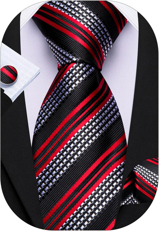 Barry.Wang Designer Classic Ties for Men Set Formal Pocket Square Cufflink Check Plaid