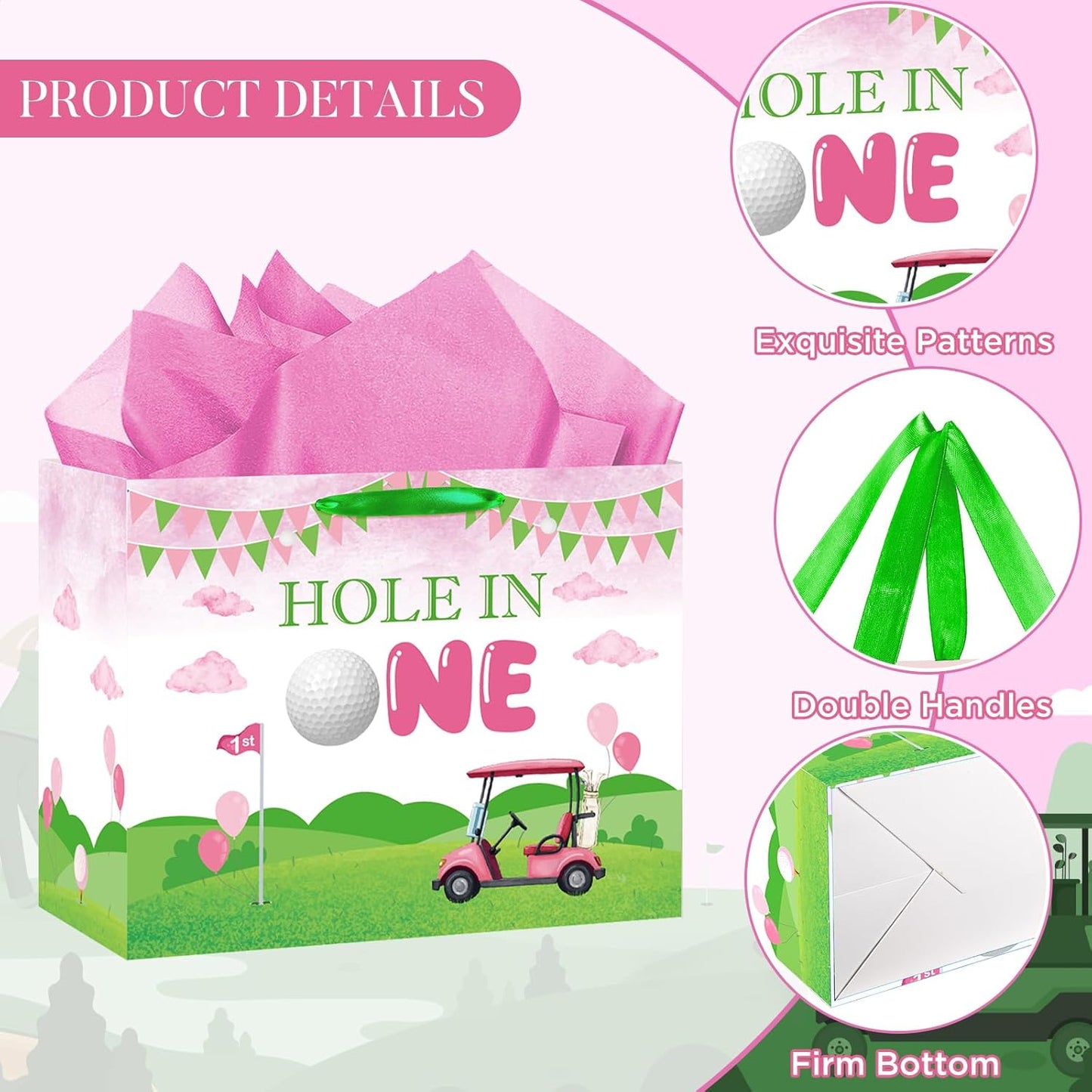 Hole in One Birthday Decorations Pink Hole in One Gift Bag Pink Green Golf First Party Bag Christmas 1st Birthday Wrapping Bag with Card and Tissue Papers for Girls Newborn Baby Shower Party Supplies