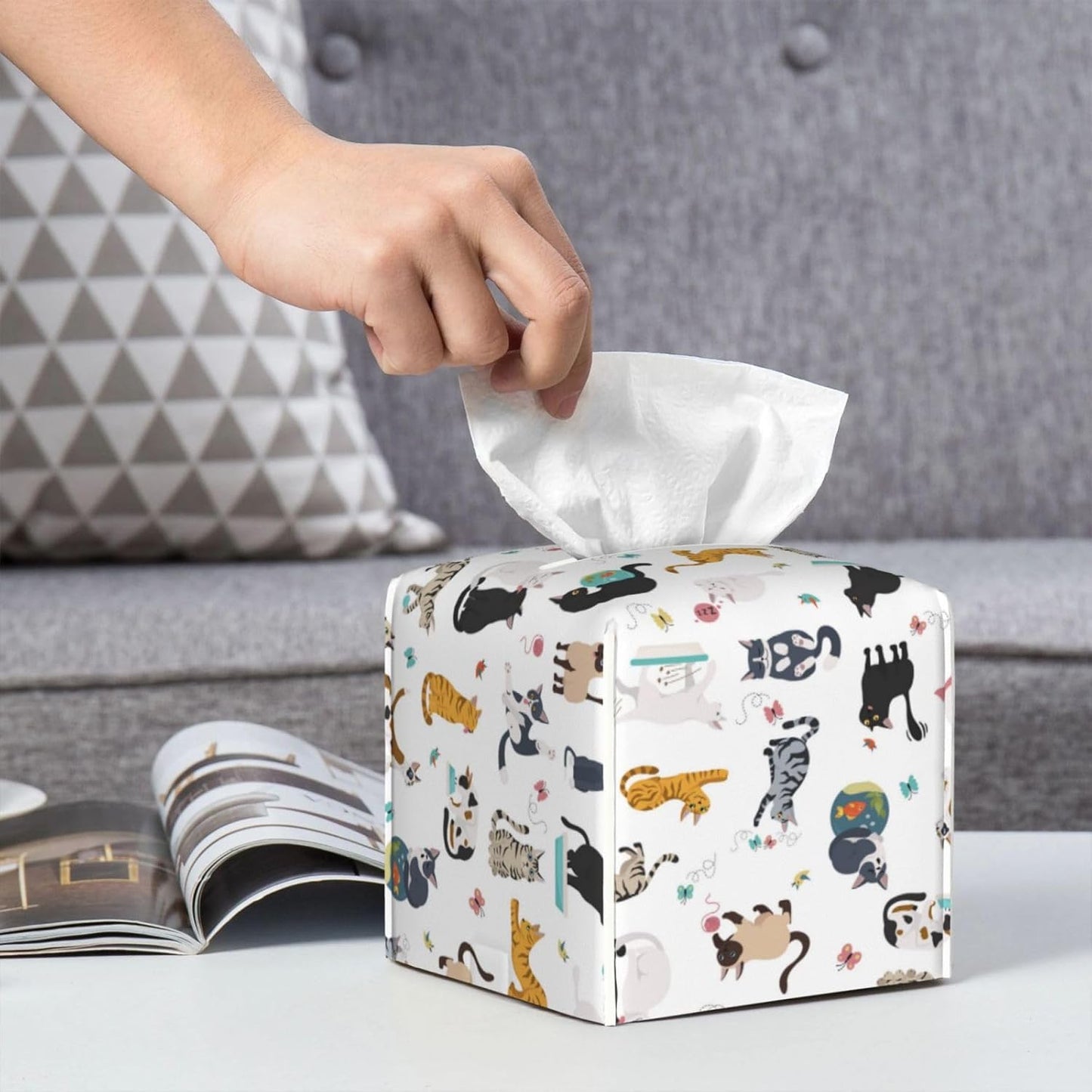 Cat Theme Tissue Box Holder Paper Organizer, PU Leather Tissue Case Cover, Cat Decor for Bathroom, Kitchen, Car