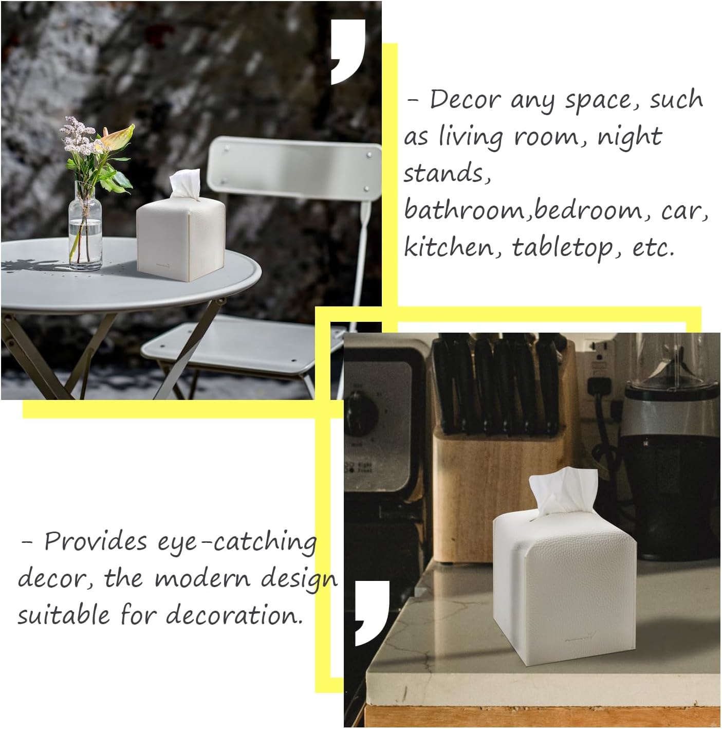 Tissue Box Cover 5X5X5'' PU Leather Tissue Holder Square Tissue Cube Box Organizer for Bathroom Vanity Countertop, Car, Night Stands, Office, Home, Kitchen (2Pack, White)