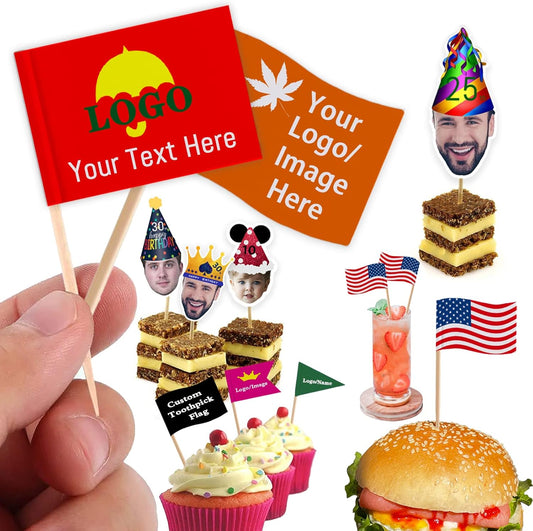Custom Toothpick Flags with Logo/Photo 100Pcs, Personalized Cheese Markers for Hamburger Cupcakes Toppers Party Decoration Food Labeling -Rectangular