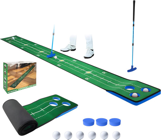 Putting Game, Indoor Green Putting Game Set, Detachable Golf Putting Mat - Includes 1 Putter, 6 Golf Balls, 3 Golf Cups, 1 Bag for Home Office Backyard with Family/Friends