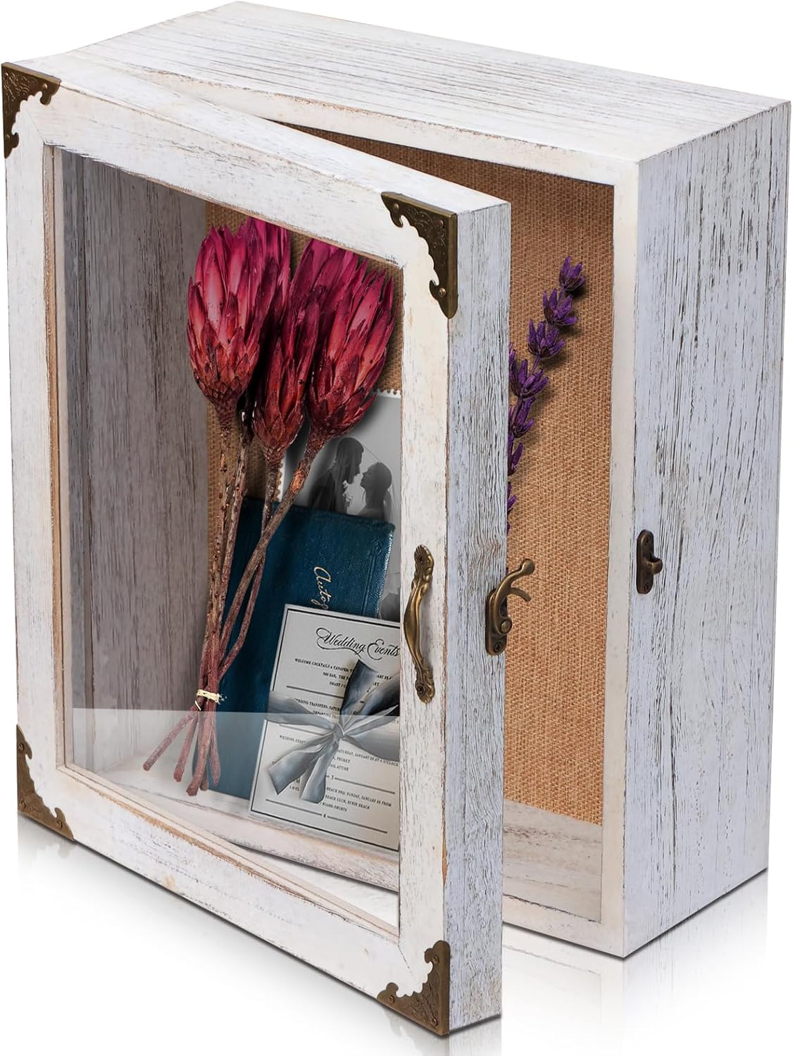 Shadow Box 11x13 Display Case, 5 Inch Extra Deep Shadow Box Frame , Acrylic Door, White Solid Wood Shadow Box with Linen Back & Pins, Rustic Metal Corners, Wall Mounted Keepsake Display Cabinet