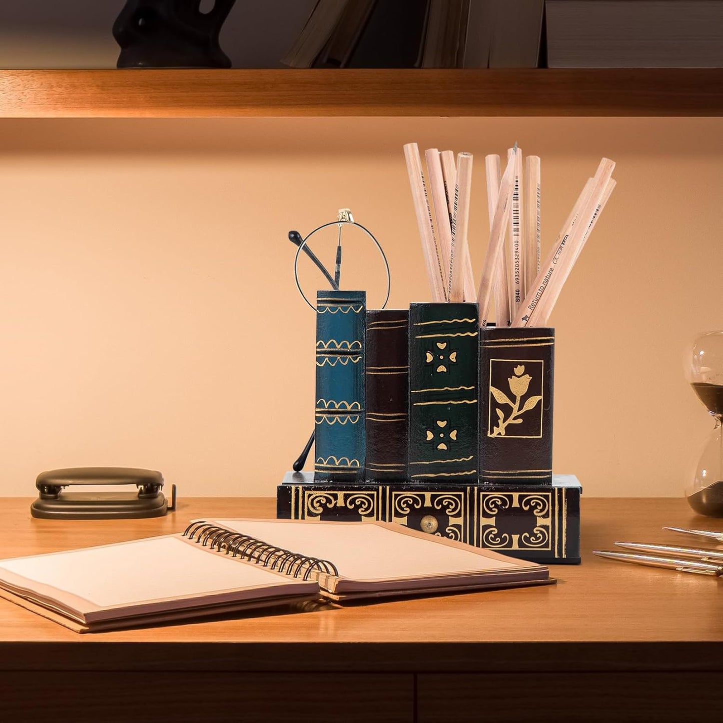 VERGOODR Decorative Pencil and Pen Holder with Storage Drawer, Wooden Desk Organizer Caddy, Antique Library Books Design Pen Cup for Office Supplies, Countertop, Desk,Table (Red)