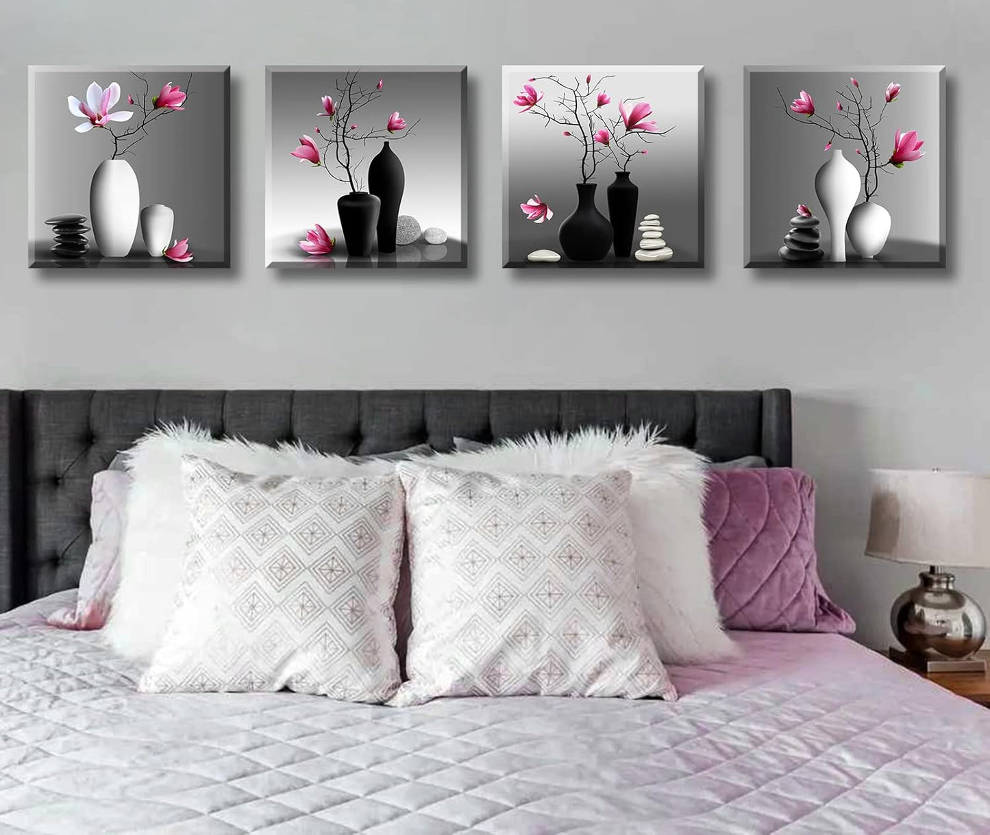 DJSYLIFE Modern Bathroom Pictures Wall Decor Zen Flowers Paintings Canvas Decorations Black and White Wall Art for Bedroom Living Room Home