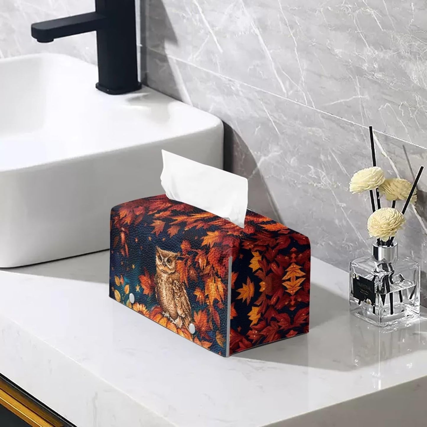 Thanksgiving Tissue Box Cover Fall Leaf & Owl Tissue Cover PU Leather Facial Paper Organizer with Bottom Belt Napkin Holder Holiday Decor for Home, Tabletop, Night Stands