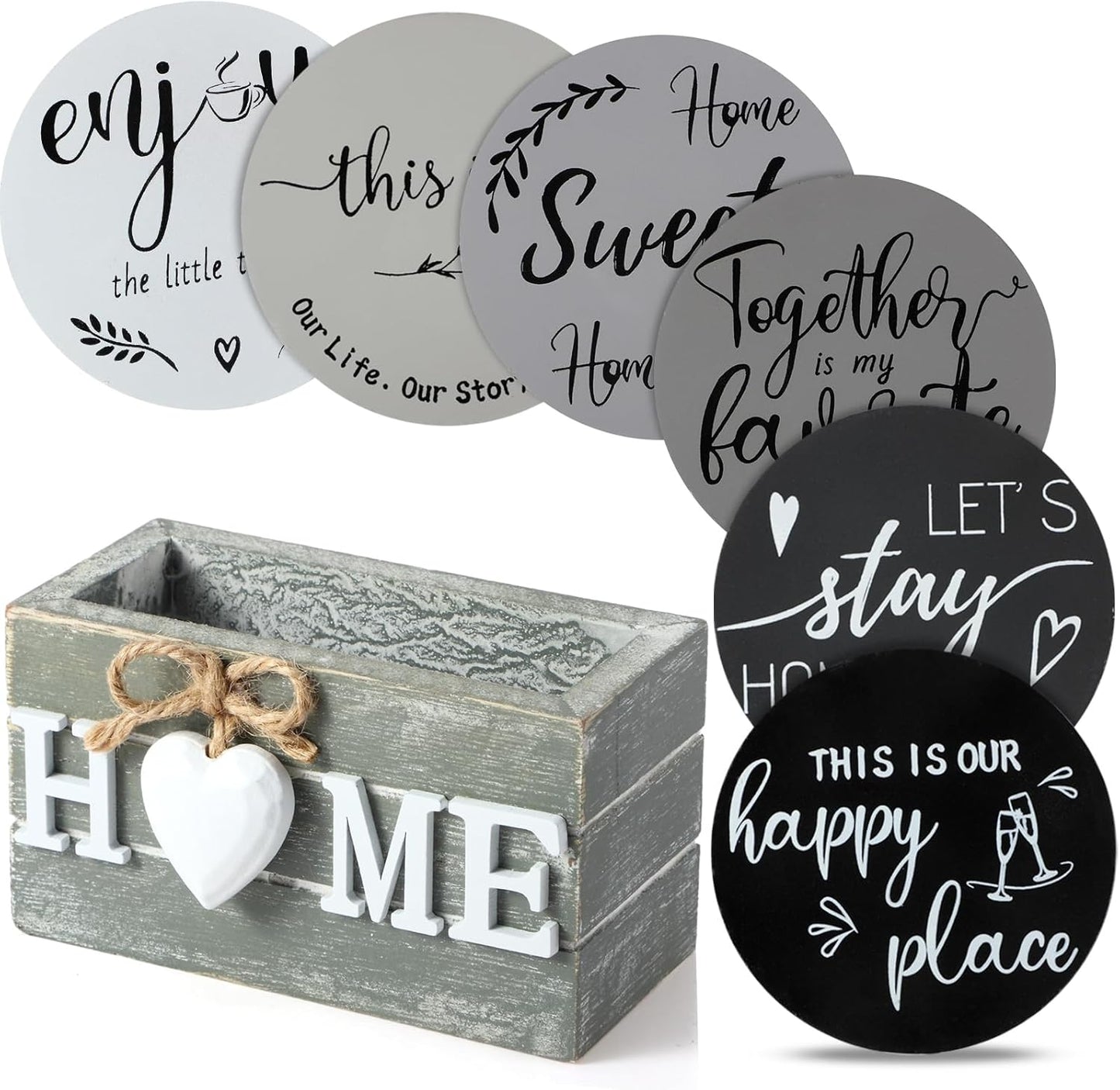 Queekay Housewarming Gifts for Home Decoration Wooden Heart Coasters for Drinks 6 Set Farmhouse Coasters with Holder Funny for Family Coffee Table Protection, 4''(Gray)