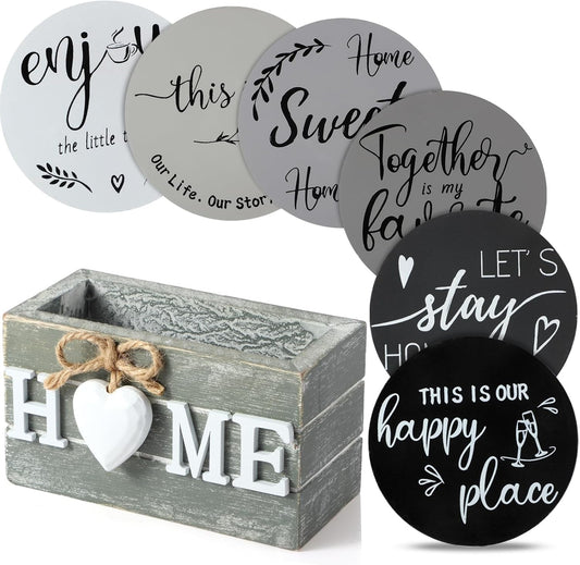 Queekay Housewarming Gifts for Home Decoration Wooden Heart Coasters for Drinks 6 Set Farmhouse Coasters with Holder Funny for Family Coffee Table Protection, 4''(Gray)