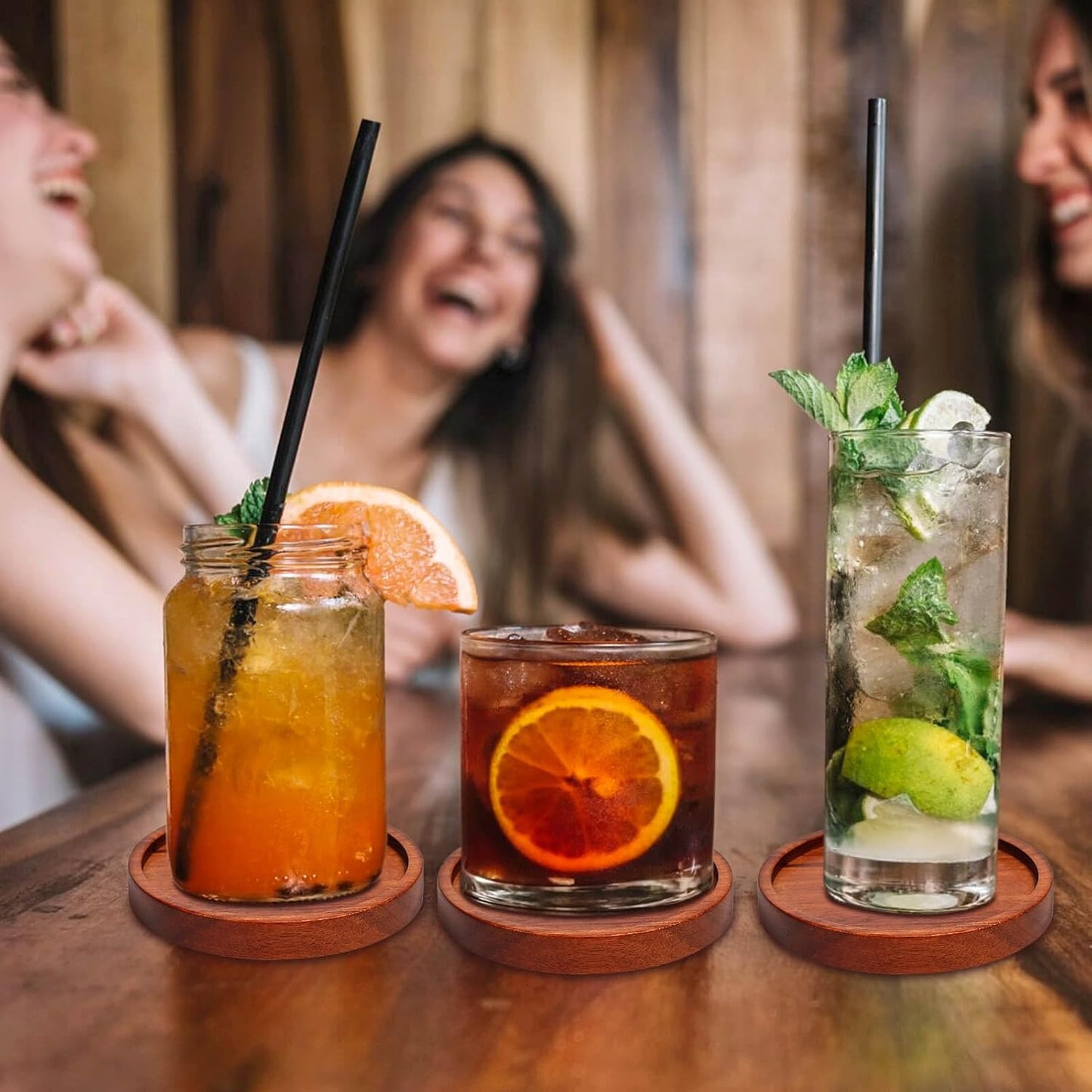 Mckanti Wooden Coasters Set of 6 with Holder, Acacia Wood Drink Coasters for Farmhouse, Patio, Bar Decoration