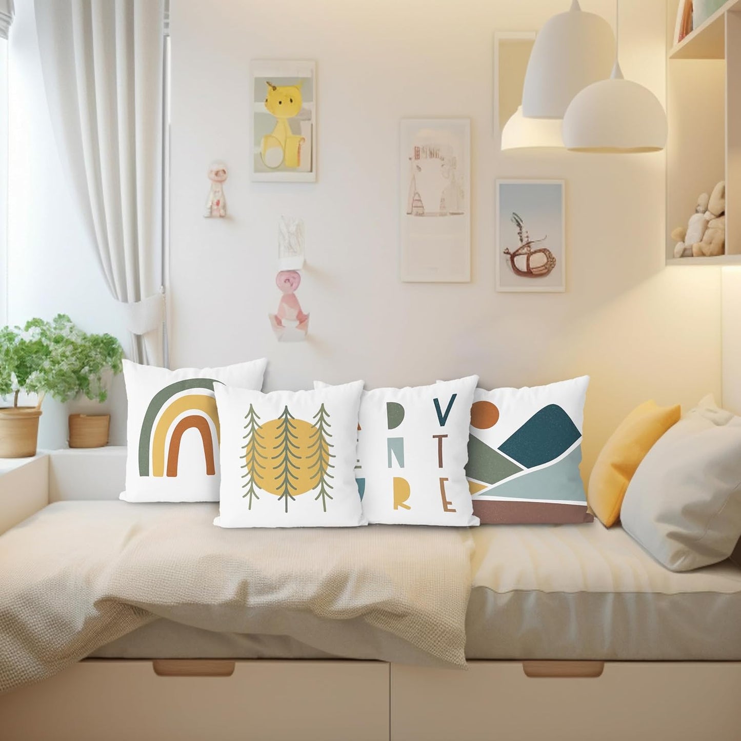 KEUSPI Classroom Moving Mountains Decor Kids Decorative Throw Pillow Covers18×18, Adventure Camping Decor Rainbow Sun Mountain Pillow Cover, Kids Pillows for Playroom Nursery Decor Set of 4