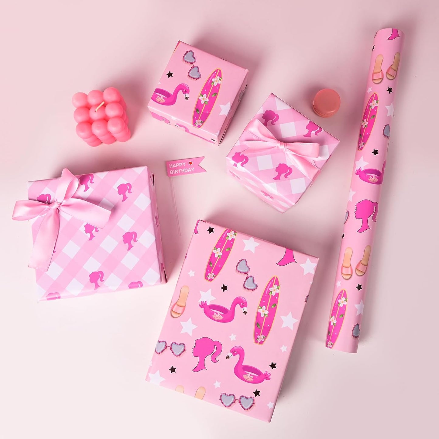 Vnaaem Reversible Girl Princess Wrapping Paper Roll for Girls Women - Pink Birthday Gift Wrap with stars, Plaid for Holiday Baby Shower Wedding Bridal Shower DIY Craft Party - 17 in x 20 ft(Total 28.5sq.ft)