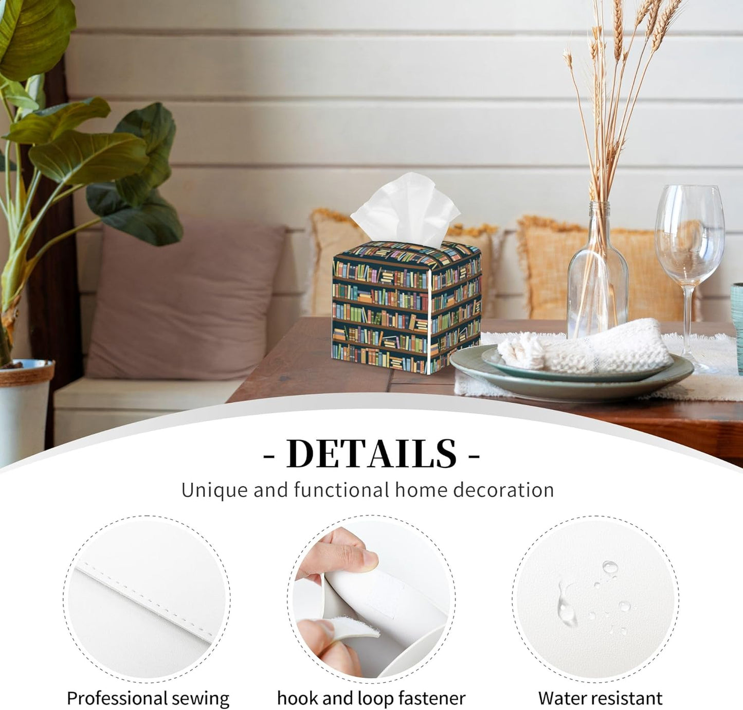 Tissue Box Holder Bookshelves Full of Books Tissue Box Cover Square Leather Tissue Holder Organizer Portable Decorative Facial Paper Case for Home Office Bathroom Vanity Countertop