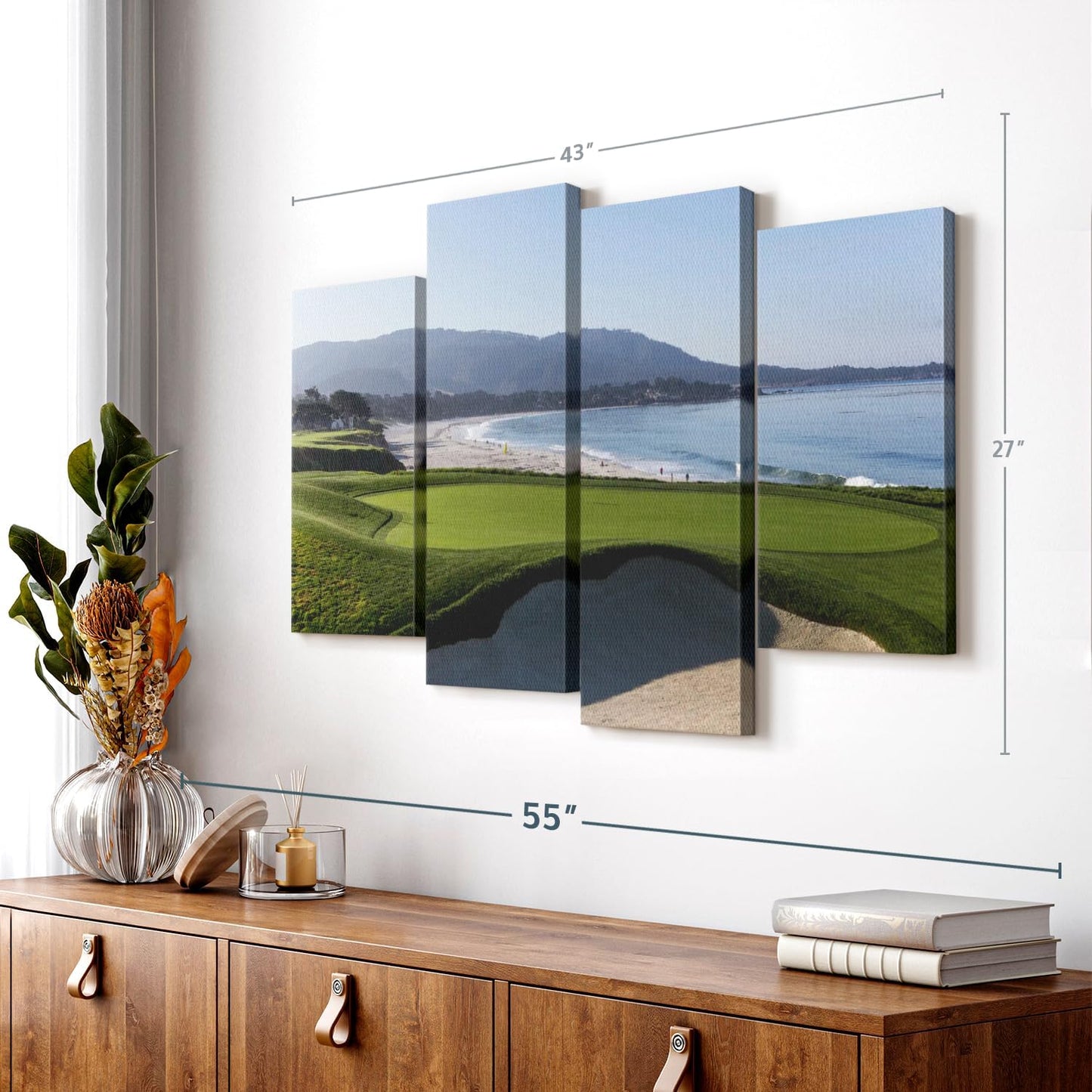 Elephant Stock Monterey CA Golf Course Wall Art - Horizontal Canvas - 4-Piece Living Room Wall Decor - Photography Sports Canvas Print - Blue and Green Decor for Wall - 43" X 27"