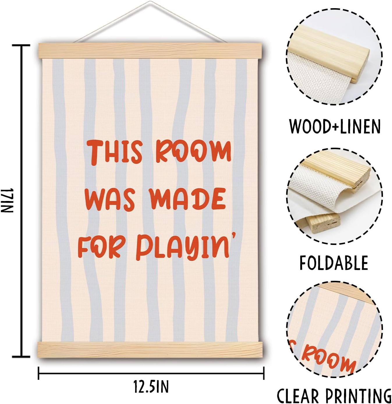 pouep Light Blue and Beige Striped Playroom Wall Art Poster, This Room was Made for Playin' Canvas Prints Wall Decor for Toddler Kids Bedroom Playroom Nursery, 12x16 Inches