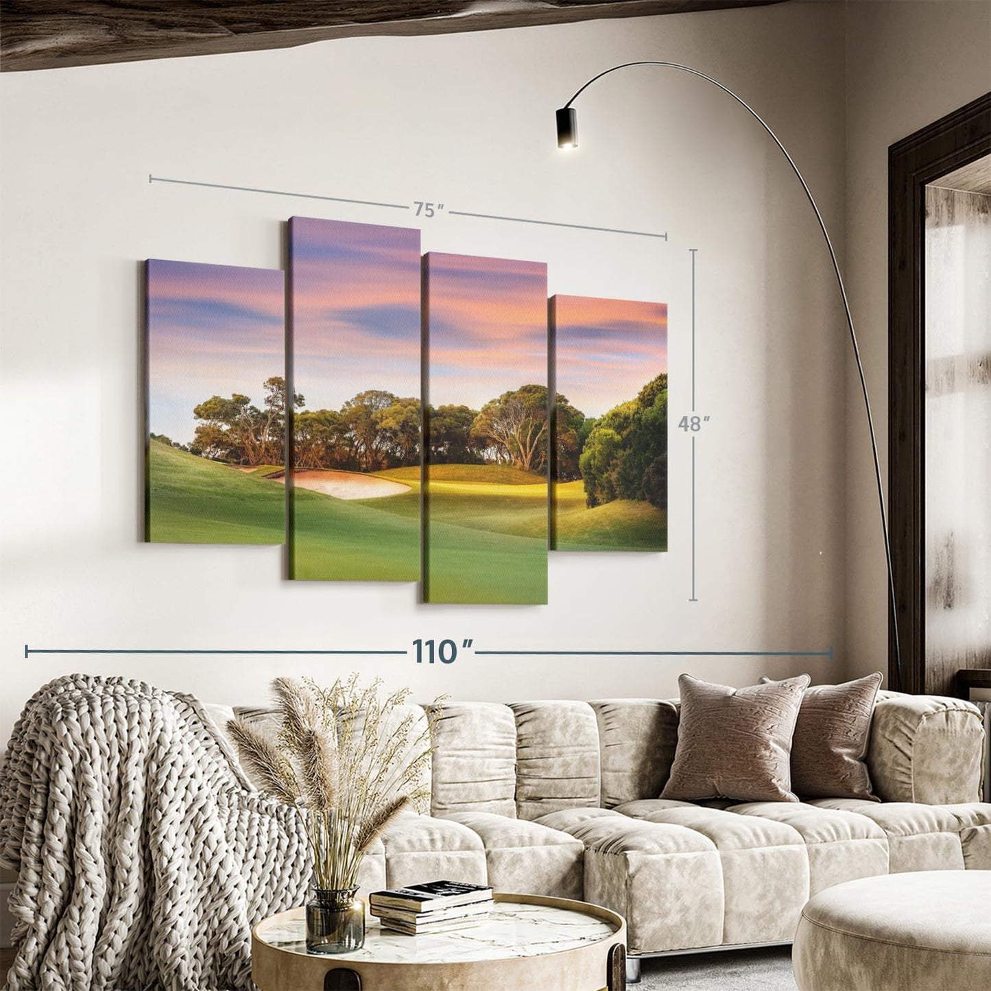 ElephantStock Golf Course Sundown Wall Art - Horizontal Canvas - 4-Piece Living Room Wall Decor - Photography Sports Canvas Print - Orange and Blue Decor for Wall - 75" X 48"