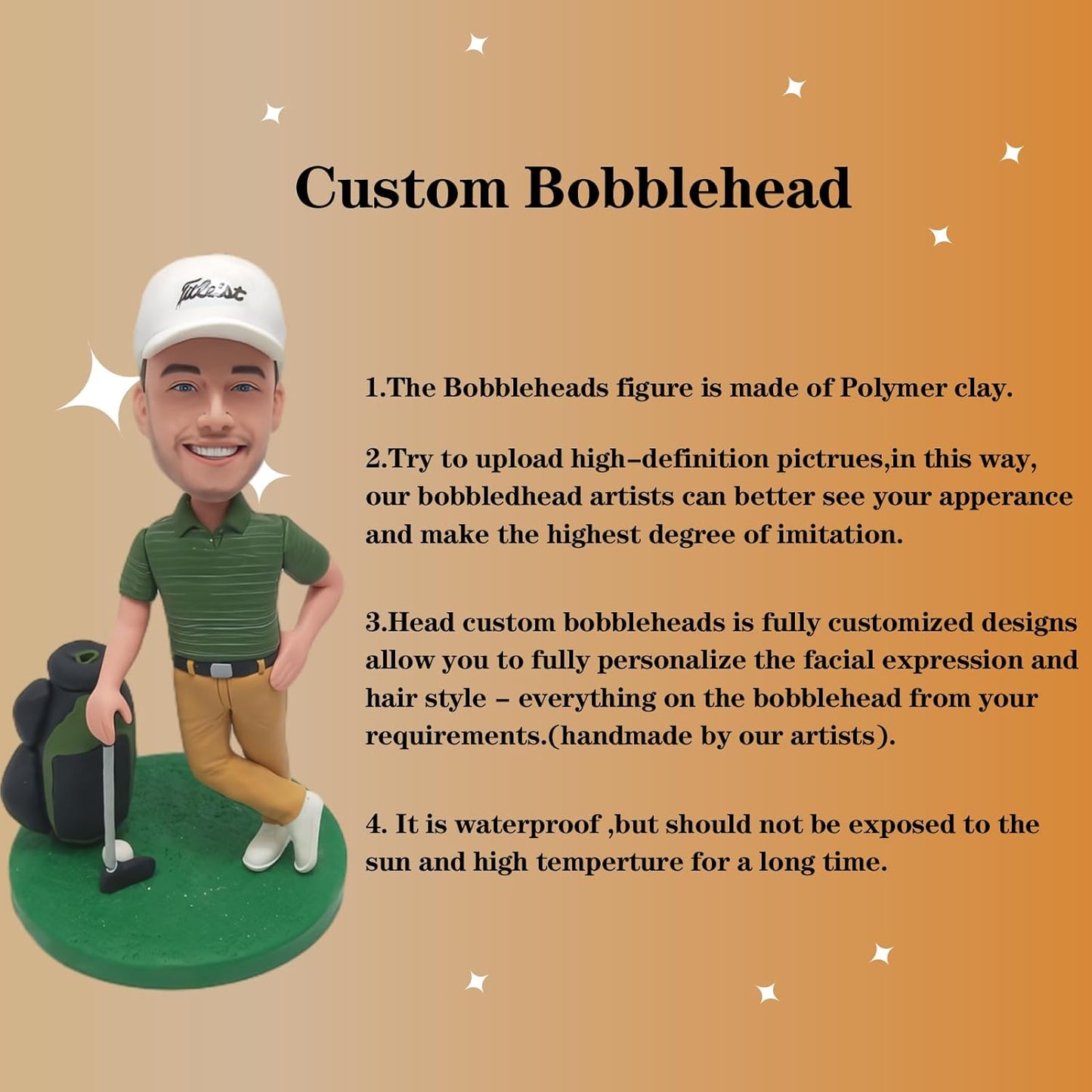 Custom bobblehead, Casual Golf Handmade 𝐏𝐞𝐫𝐬𝐨𝐧𝐚𝐥𝐢𝐳𝐞𝐝 Sculpture Gift, Suitable for Men, Boyfriends, Husbands, Grandchildren, sons, Office Colleagues or Bosses