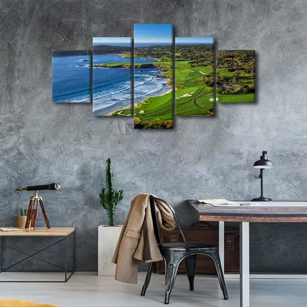 Pebble Beach Golf Course Canvas Print Pictures Framed Modern Modern Paintings on Canvas Posters and Prints Wall Art for Living Room Bedroom Home Decor Gallery-wrapped Art 5 Pieces Set (60" W x 32" H)