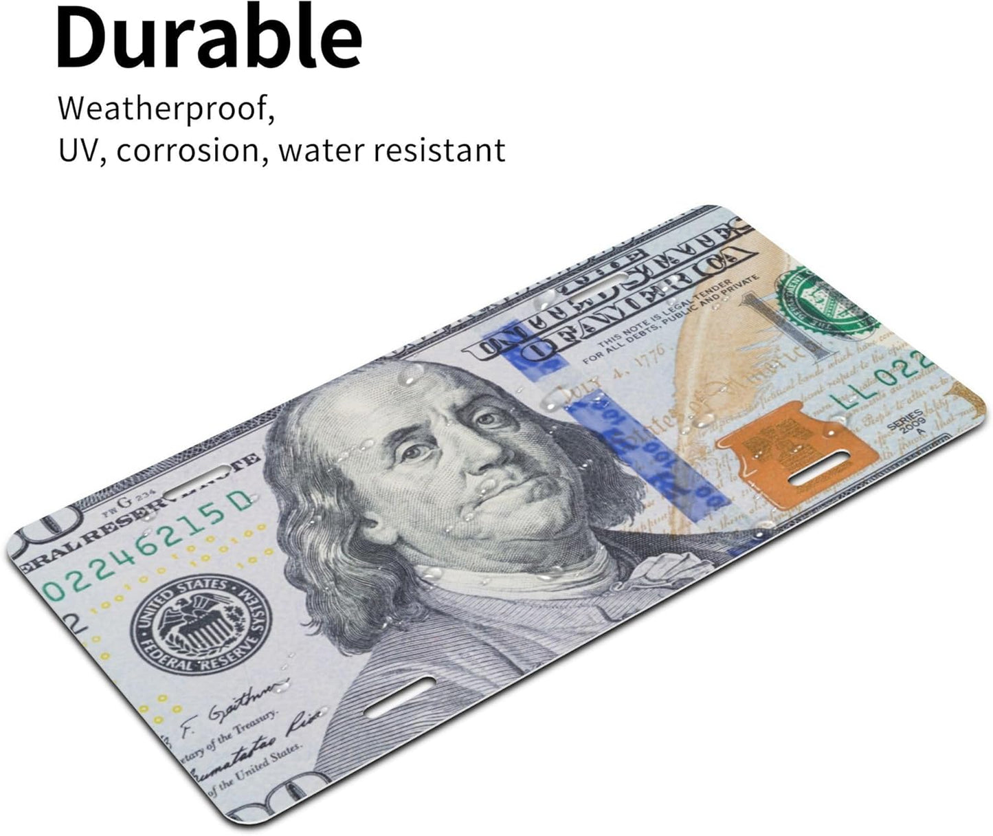 Front License Plate for Car Designs Hundred Dollar Bill Portrait Stainless License Plate Cover Holder for Men Women Metal Aluminum Decorative Accessory Vanity Tag Standard 6 X 12 Inch (4 Holes)