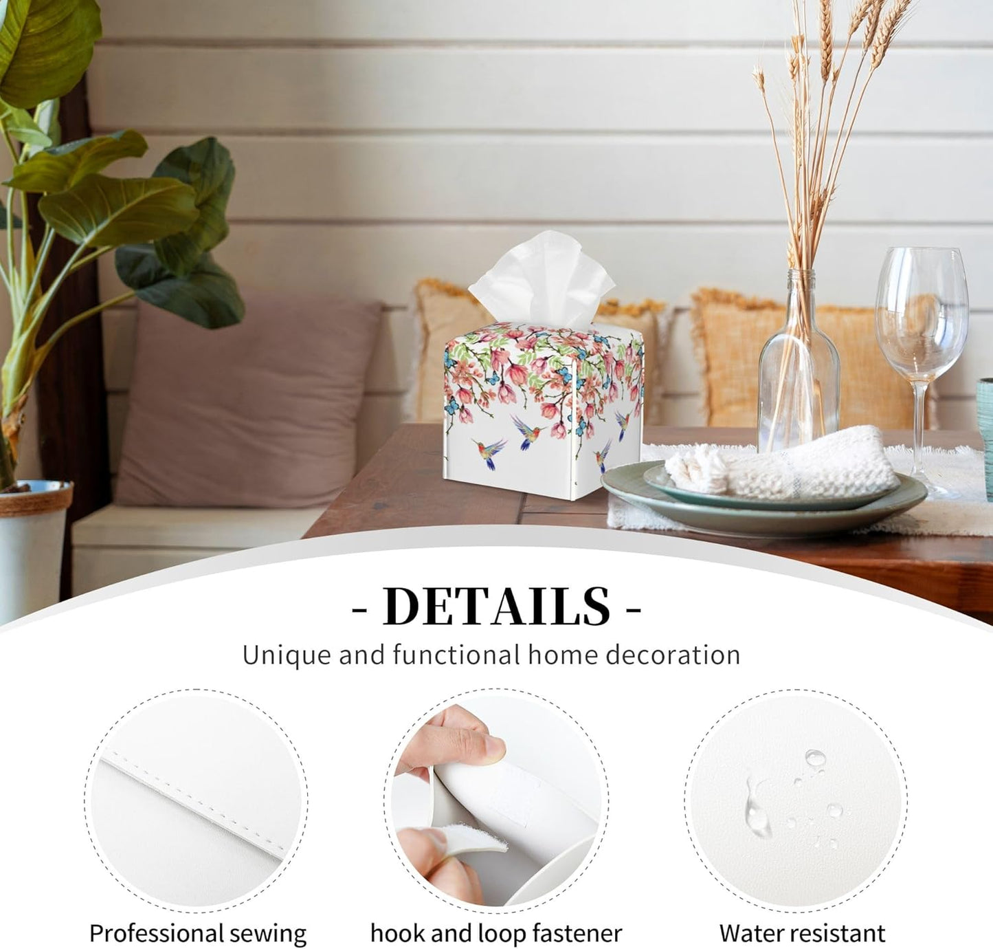 Hummingbird and Flowers Tissue Box Cover Square,Pink Floral Bird Butterfly Tissue Box Holder Waterproof Leather Facial Paper Organizer Dispenser for Bathroom Home Car Nightstand Vanity Desk