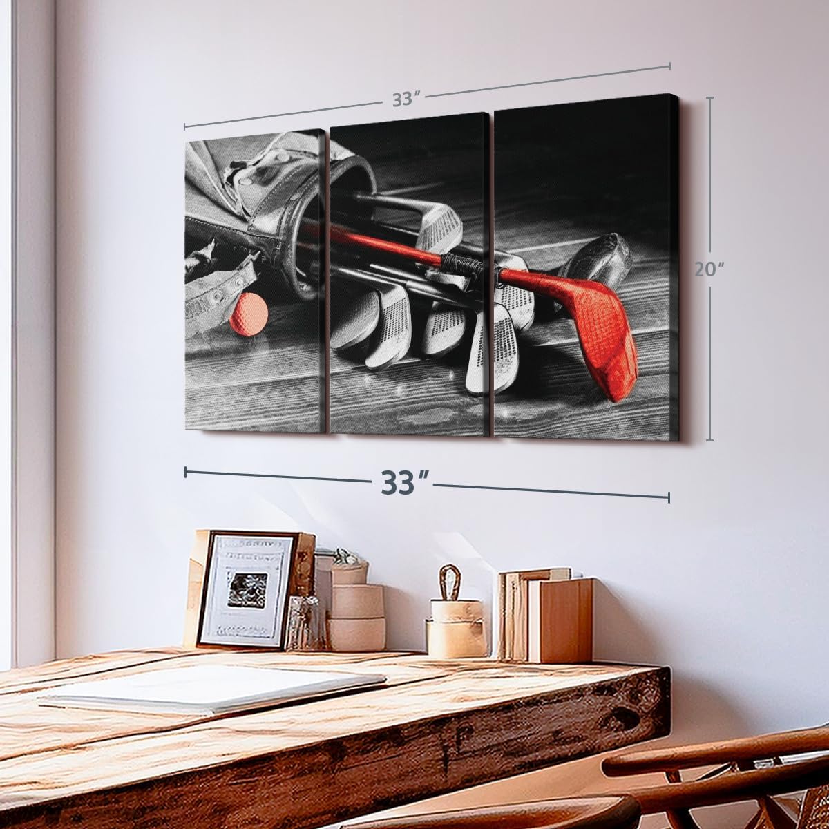 ElephantStock Golf Equipment Pop Wall Art - Horizontal Canvas - 3-Piece Living Room Wall Decor - Photography Sports Canvas Print - Black and Gray Decor for Wall - 33" X 20"