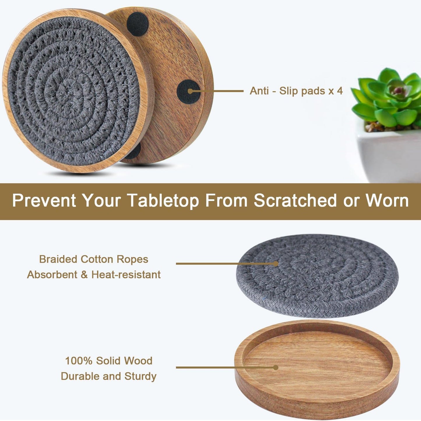 6 Pack Coasters for Drinks Absorbent, 4.3 inches Cork Coasters for Coffee Tables, Wooden Drink Coasters for Table Protection, Cute Coasters for Kitchen, Farmhouse, Bar, and Office (Dark Gray)