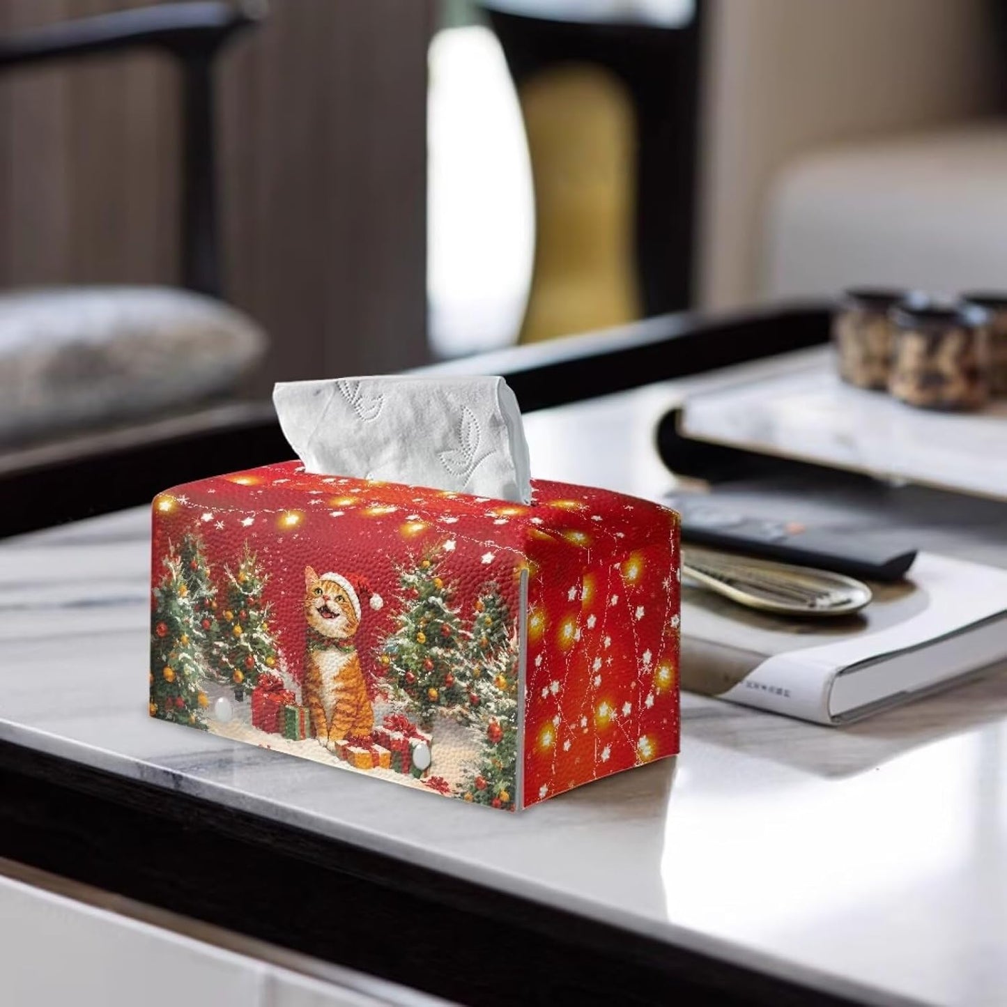 Leather Tissue Box Cover Cute Cat Tissue Box Holder Rectangle Christmas Tissue Box Home Decor for Bathroom Dingning Room Accessories Red
