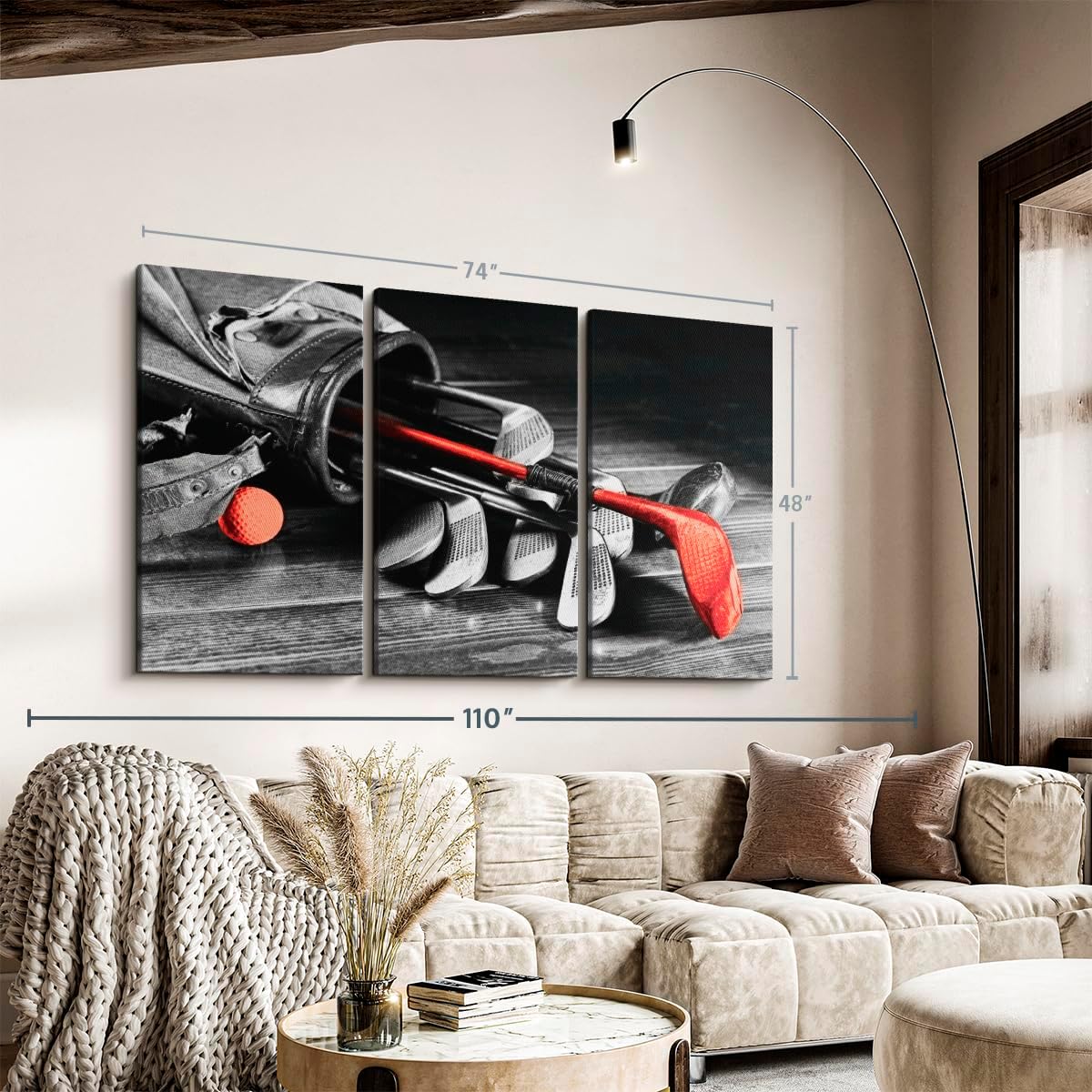 ElephantStock Golf Equipment Pop Wall Art - Horizontal Canvas - 3-Piece Living Room Wall Decor - Photography Sports Canvas Print - Black and Gray Decor for Wall - 74" X 48"