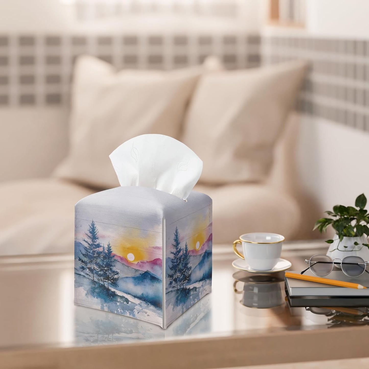 Winter Pine Tree Tissue Box Holder, Winter Forest Landscape Leather Tissue Box Cover Square, Paper Facial Decorative Tissues Cover for Night Stands Bathroom Kitchen Office Home Decor-B22