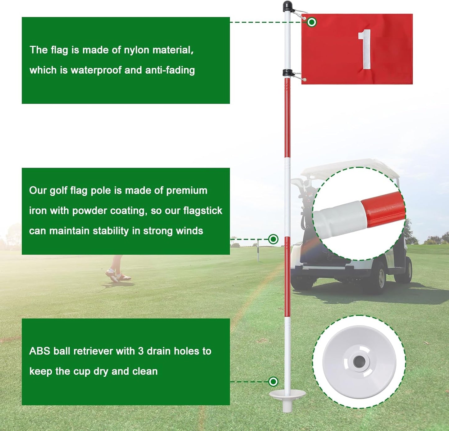 Golf Flagstick, 6 Ft Golf Hole Flags for Putting Green, Double Sided Golf Pin Flag for Yard with 5-Section Pole and Ball Retriever, 3 Pack (Number1/2/3)