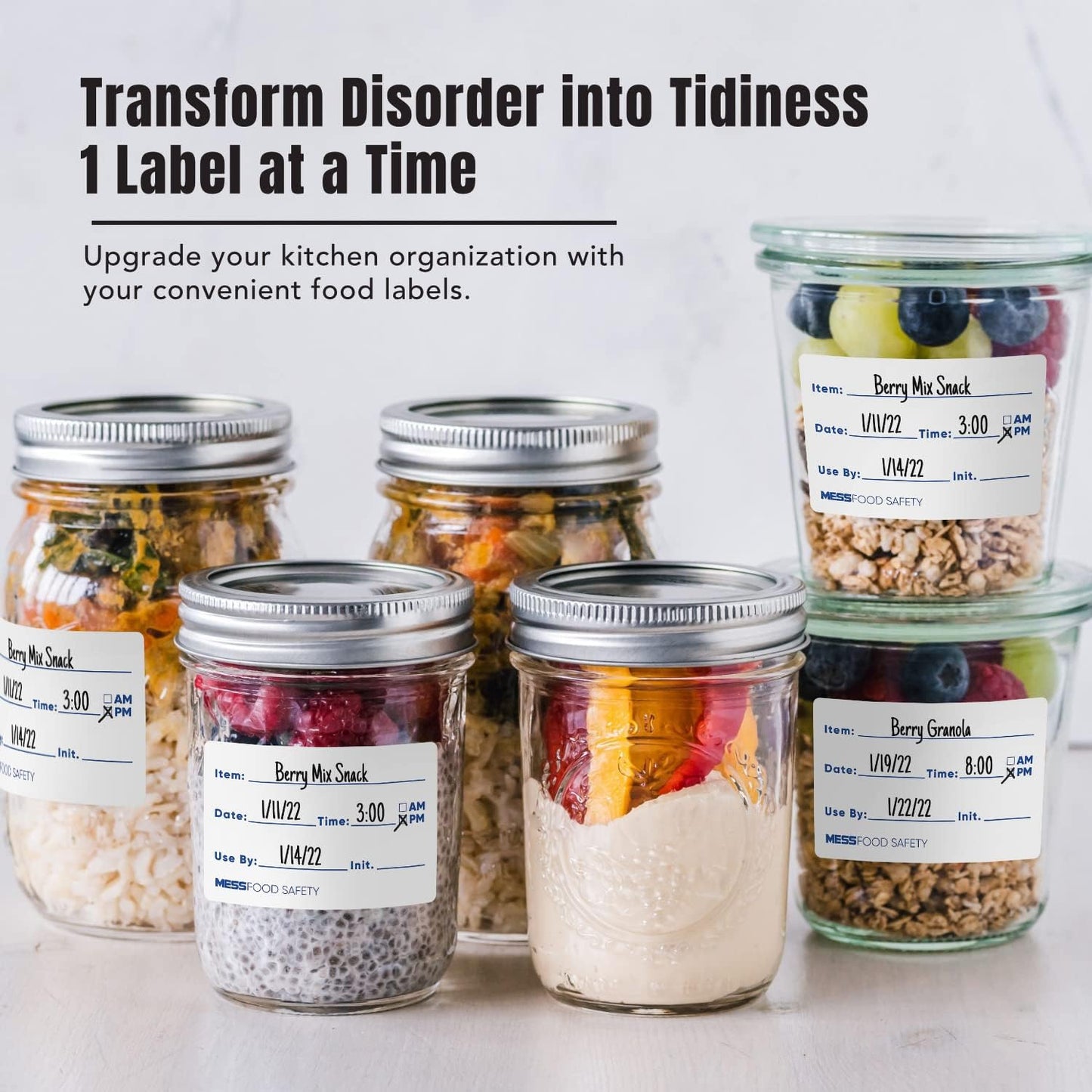 MESS Dissolvable Food Labels, Fill-in, 2x3 300/Roll - Dissolves in 30 Seconds or Less - Removable Pantry, Meal Prep & Food Storage Labels – Canning & Freezer Use