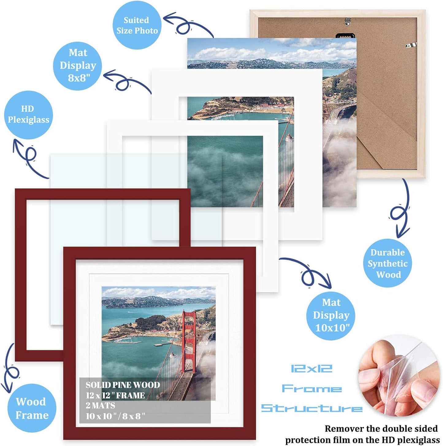 12x12 Wood Picture Frames for Wall Hanging or Tabletop,Diamond Painting Frame Baby Scan Picture Frames with 2 Mats Display 8x8 or 10x10 for Family Walls Decoration,Anniversary,Wedding,Christmas(Red)