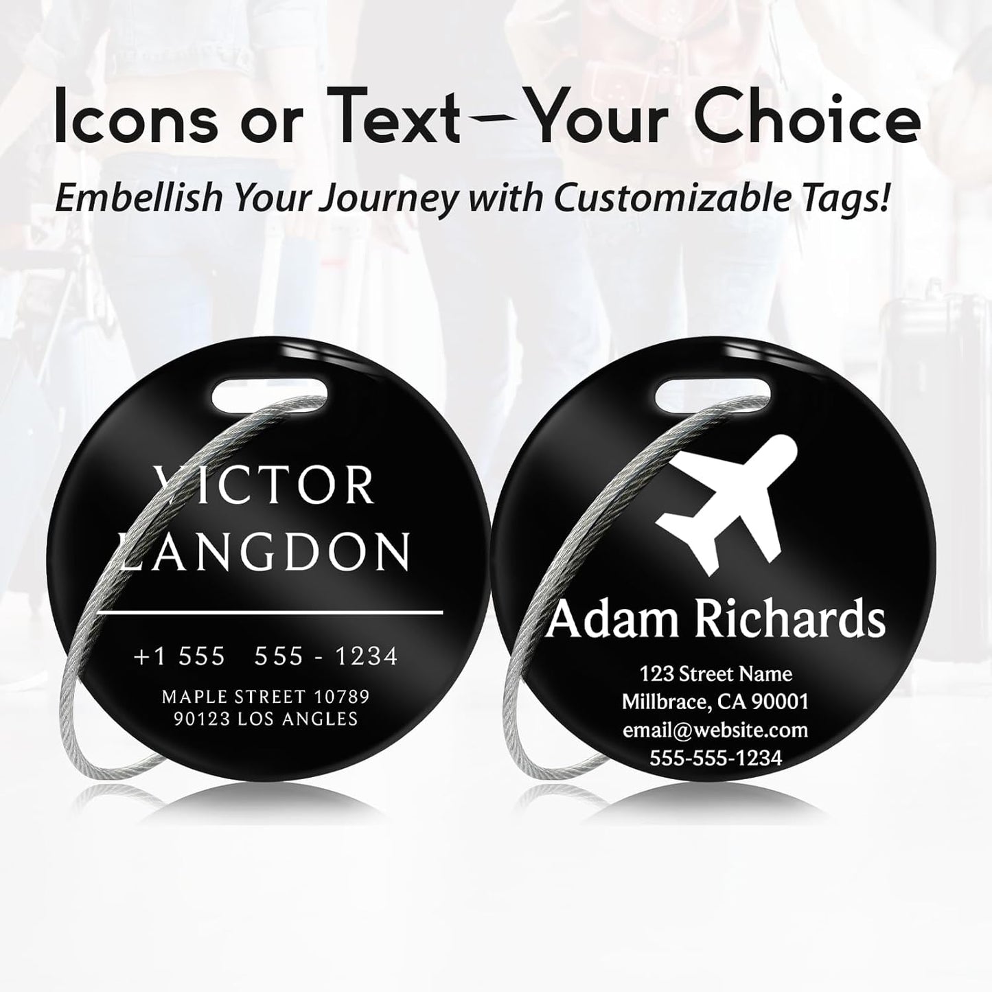 Customized Stainless Steel Luggage Tags: Personalize Your Suitcases, Backpacks, and Bags with Your Text (Black)