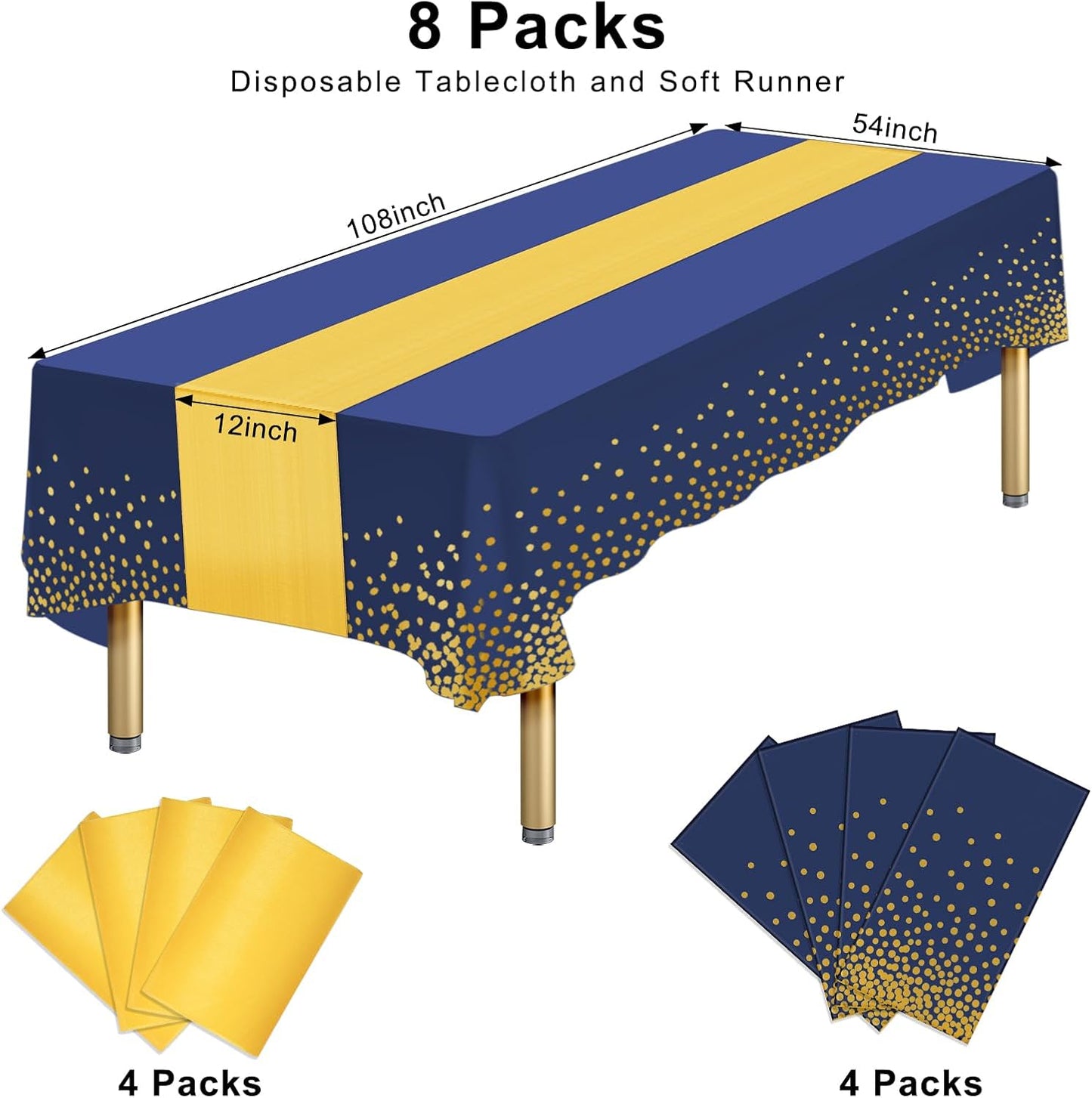 8 Packs Disposable Rectangle Tablecloth and Satin Table Runner, Blue and Gold Plastic Table Cloths for Parties Table Cover for Baby Shower Birthday Wedding Anniversary Engagement Party Decorations