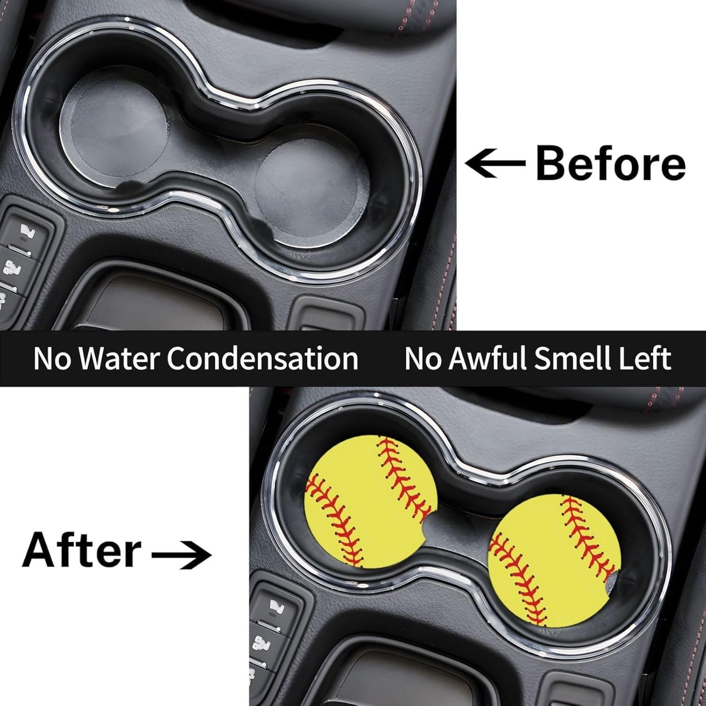 Car Cup Holder Coasters, Softball Ball Car Coasters for Cup Holder Drinks, 2 Pack Ceramic Cute Auto Interior Accessories for Women Men