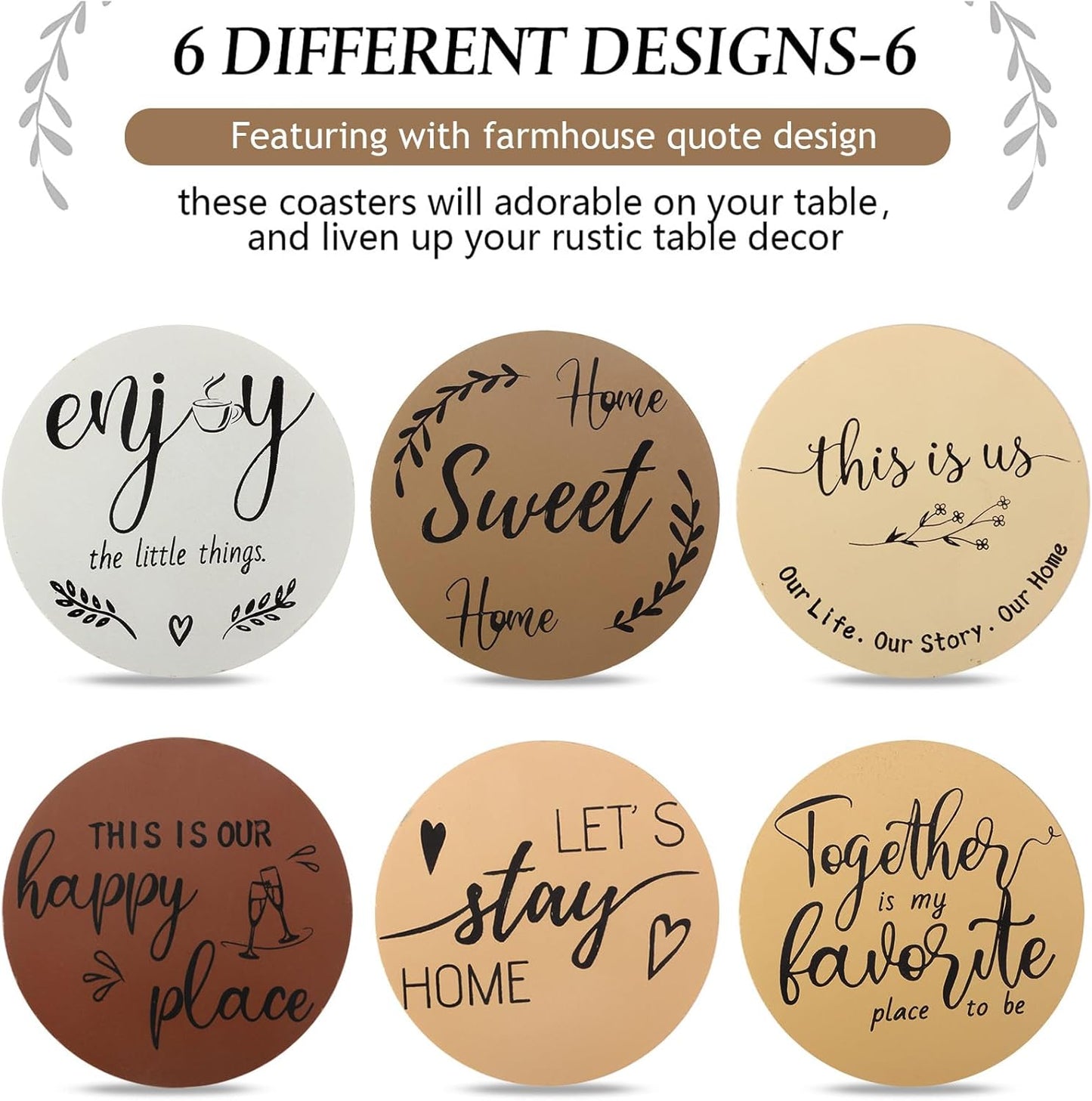 Queekay Housewarming Gifts for Home Decoration Wooden Heart Coasters for Drinks 6 Set Farmhouse Coasters with Holder Funny for Family Coffee Table Protection, 4''(Brown)