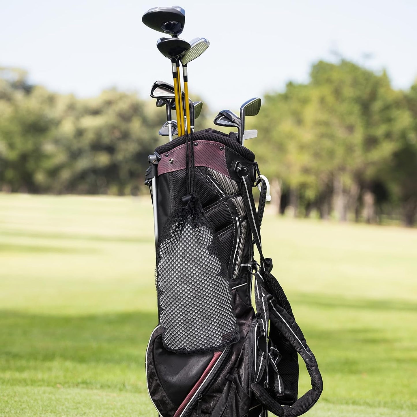 Black Nylon Mesh Golf Pouch, Golf Ball Storage Bag, Black Golfs Ball Bag, Carries 48-56 Golfs Balls, Multi-Purpose Net Pouch, With Locking Drawstring Closure