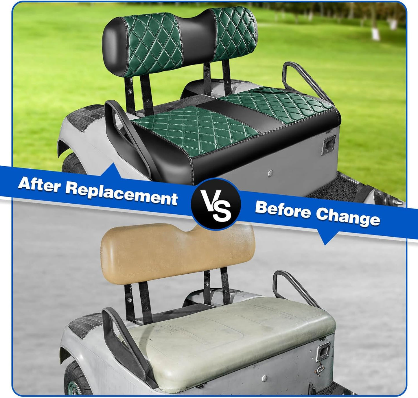 NOKINS Golf Cart Diamond Seat Covers Kit, Fit for EZGO TXT 1994-2013/EZGO RXV OEM Standard Front Seat Cushion, Golf Cart Vinyl Seat Cover, No Nails Required (Dark Green and Black)