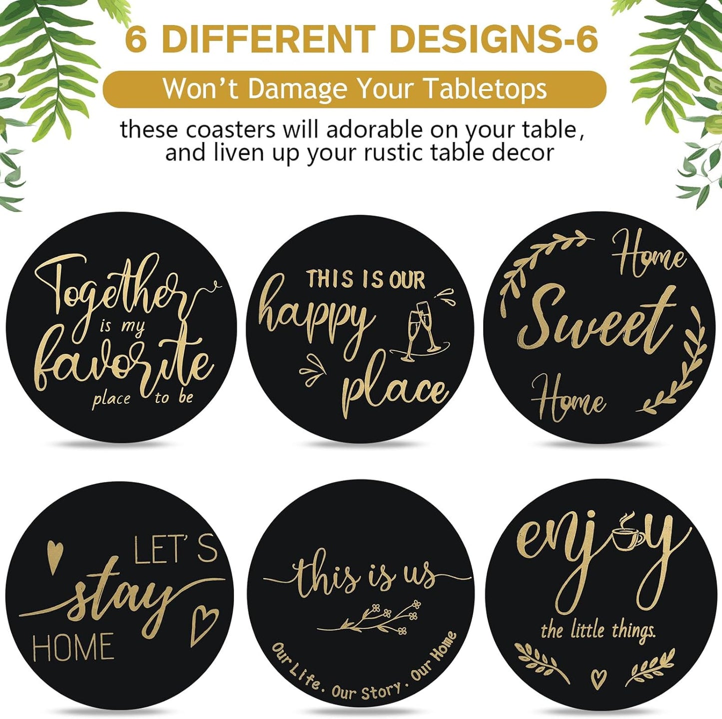 Queekay Housewarming Gifts for Home Decoration Wooden Heart Coasters for Drinks 6 Set Farmhouse Coasters with Holder Funny for Family Coffee Table Protection, 4''(Black Gold)