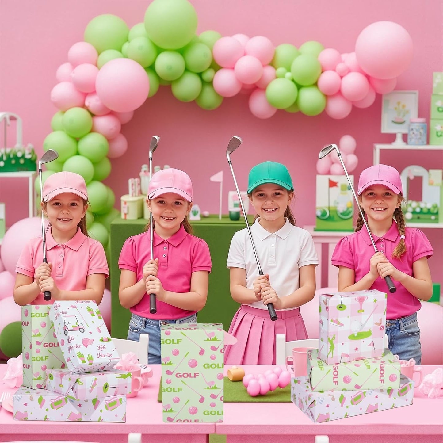 Pineraap 12 Sheets Golf Wrapping Paper, Pink Green Golf Ball Let’s Par-tee Gift Wrap Sports Gift Packing Paper for Girls Birthday Party Holiday Baby Shower DIY Crafts, 19.7 x 27.6 Inch