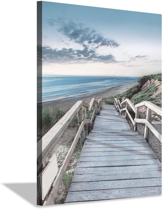 Beachside Wooden Path Wall Art: Bridge Boardwalk Stair Graphic Art on Wrapped Canvas for Wall Decor (12''x16'')