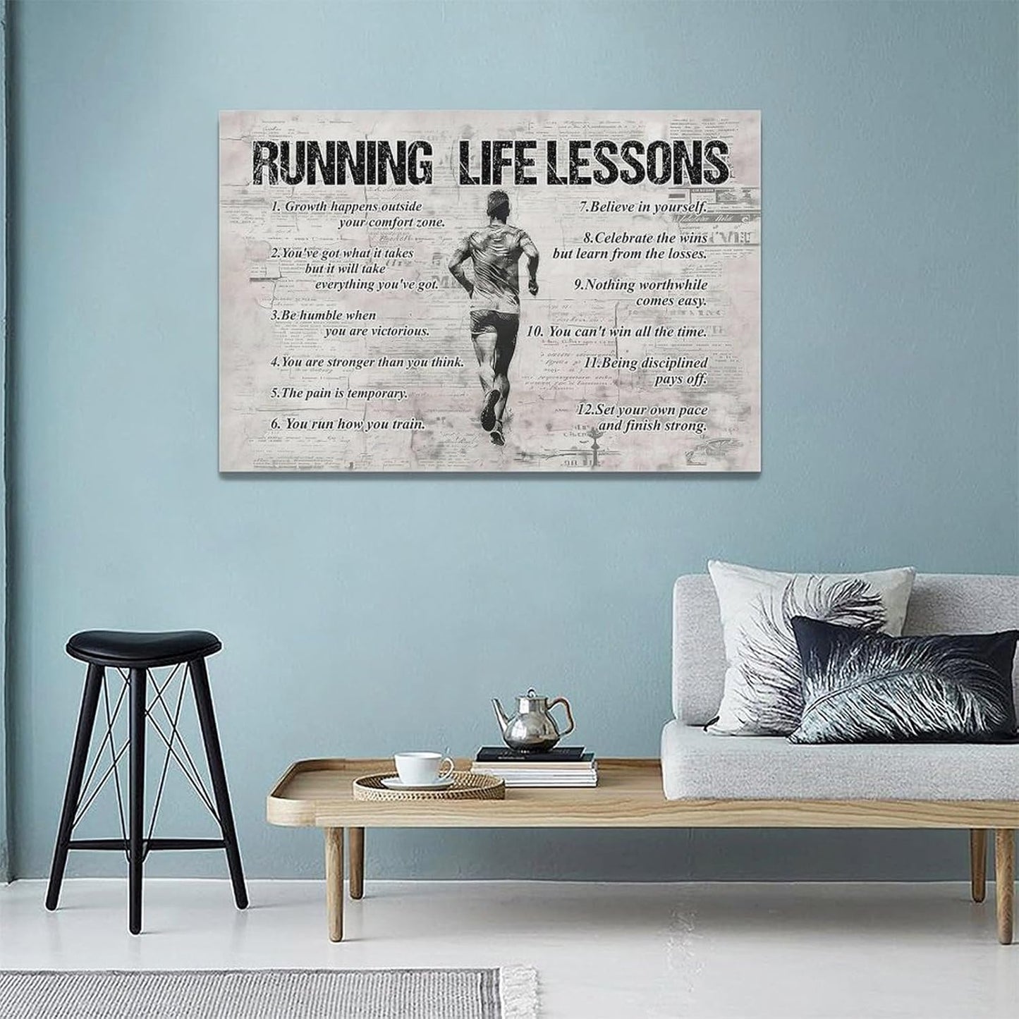 Running Life Lessons Wall Art Running Sports Wall Decor Running Sign Retro Poster Boy Men Motivational Decorations Canvas Print Painting Artwork for Bedroom Bathroom Living Room Gym 24"x16"