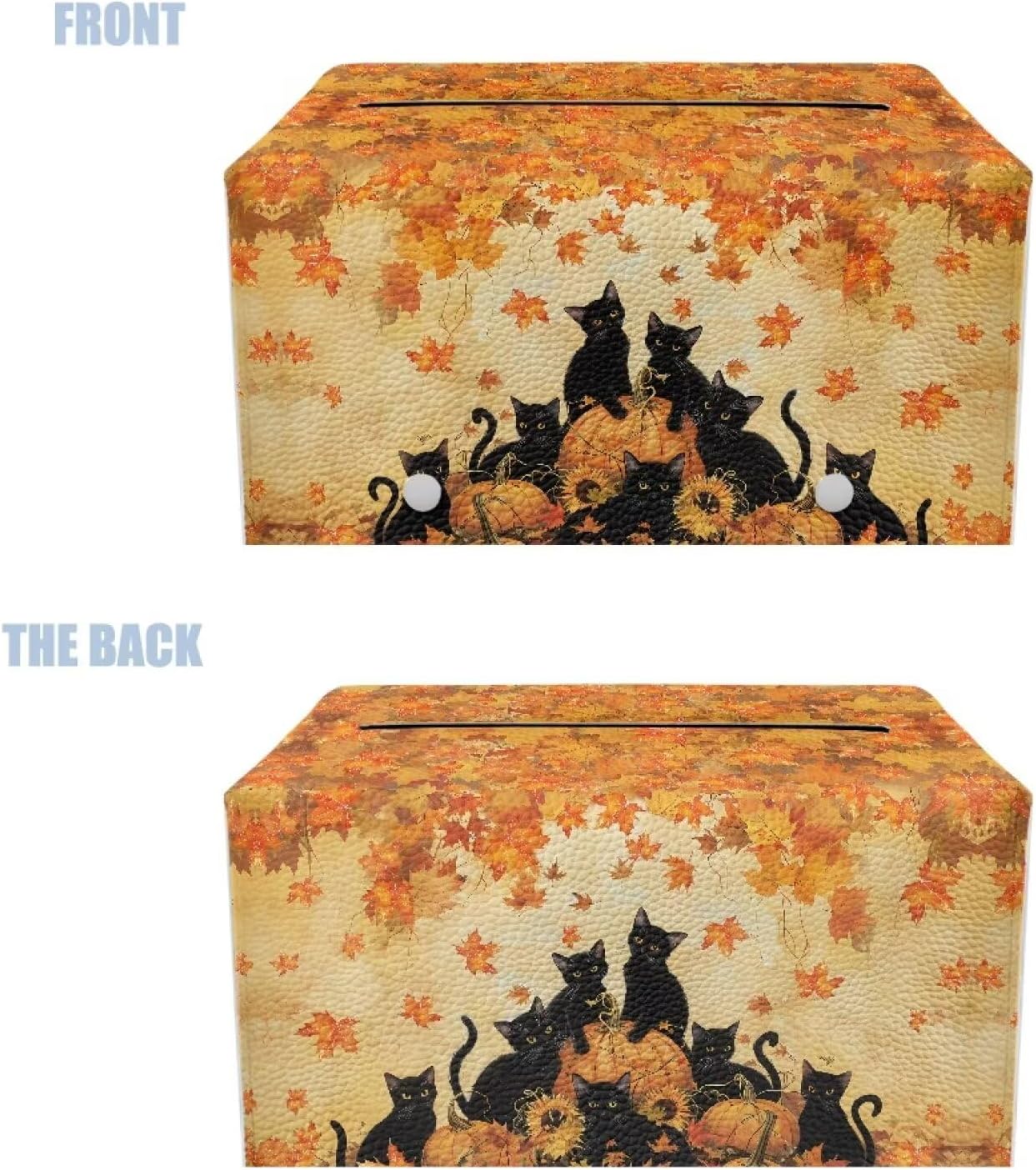 Fall Tissue Box Cover Rectangular Black Cat Maple Leaf Pumpkin Print 9.7"x5.2"x5.12" PU Leather Tissue Cover Decorative Organizer with Bottom Belt Easy to Install Car Decoration