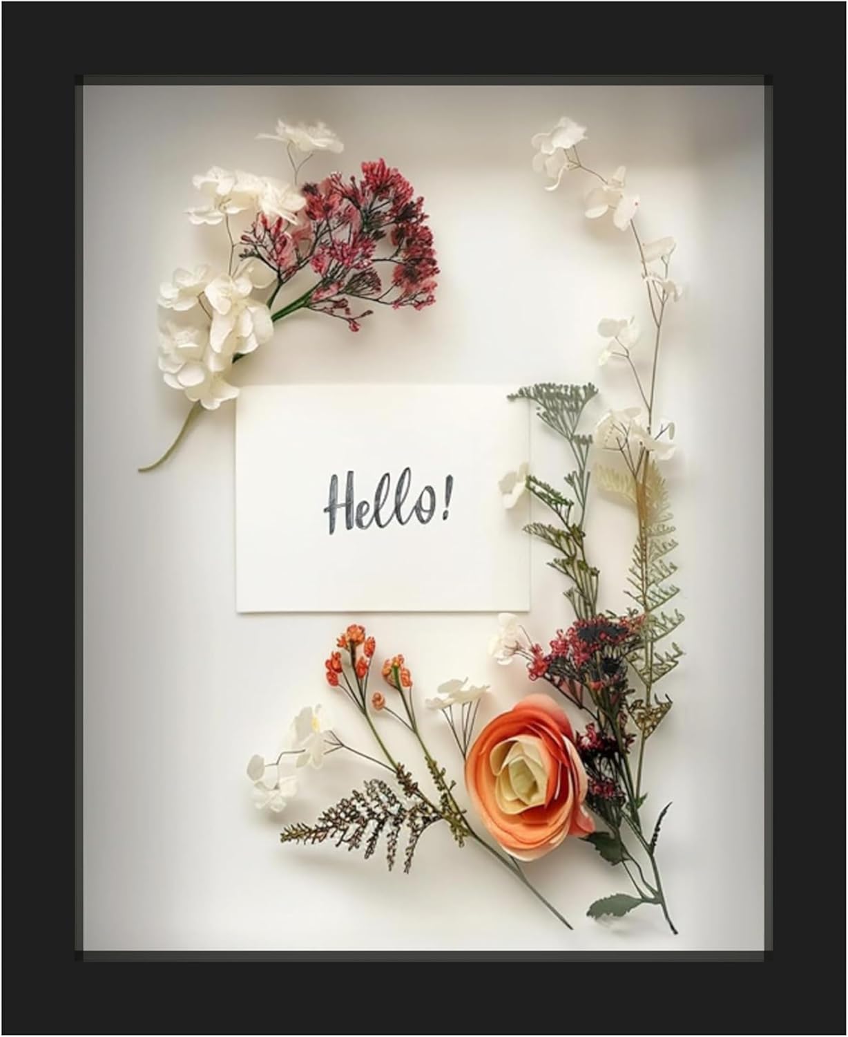 FrameWorks 8” x 10” Black Wooden Shadow Box Frame – Display Case with Soft Felt Back, Memory Box with Tempered Glass, Display Box with Elegant White Ball Push Pins, Wooden Flower Box